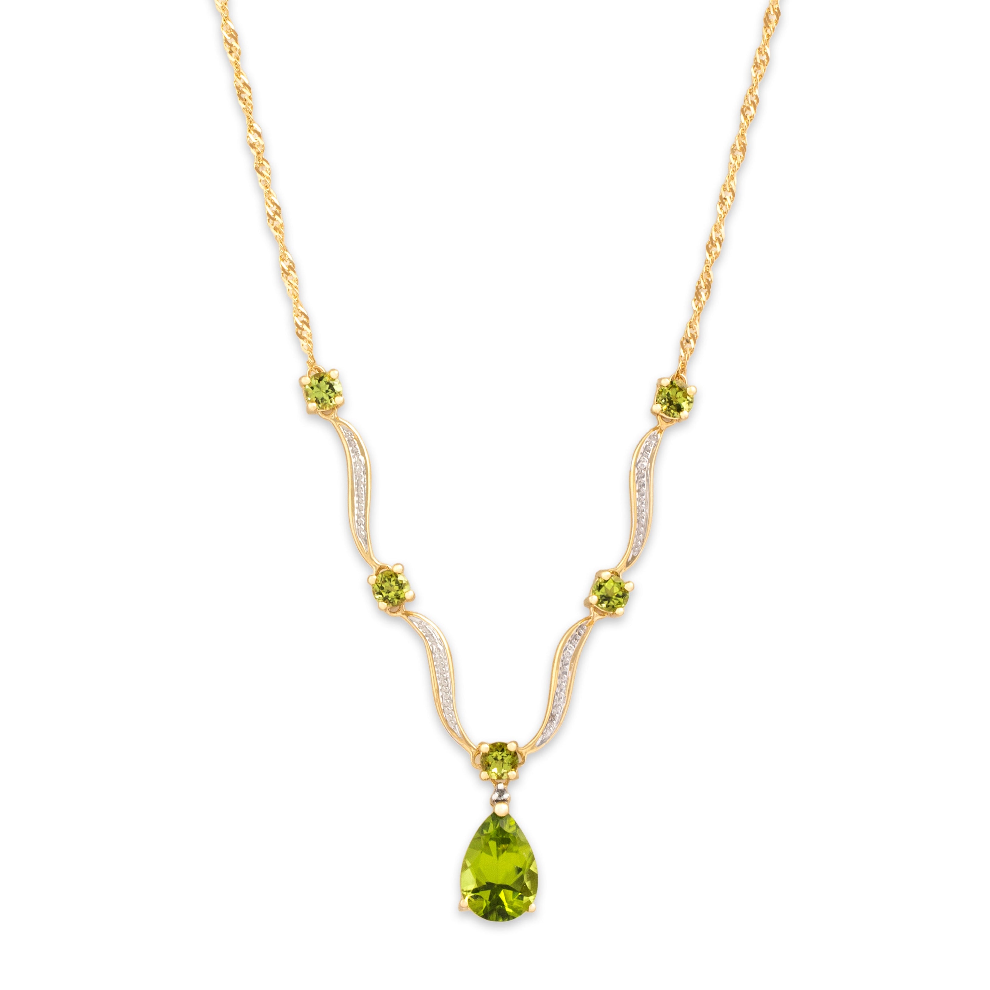 Vintage 14k Yellow & White Gold 4.43cttw Peridot Diamond Splendid Glittering Pear Drop Necklace - Close-up view