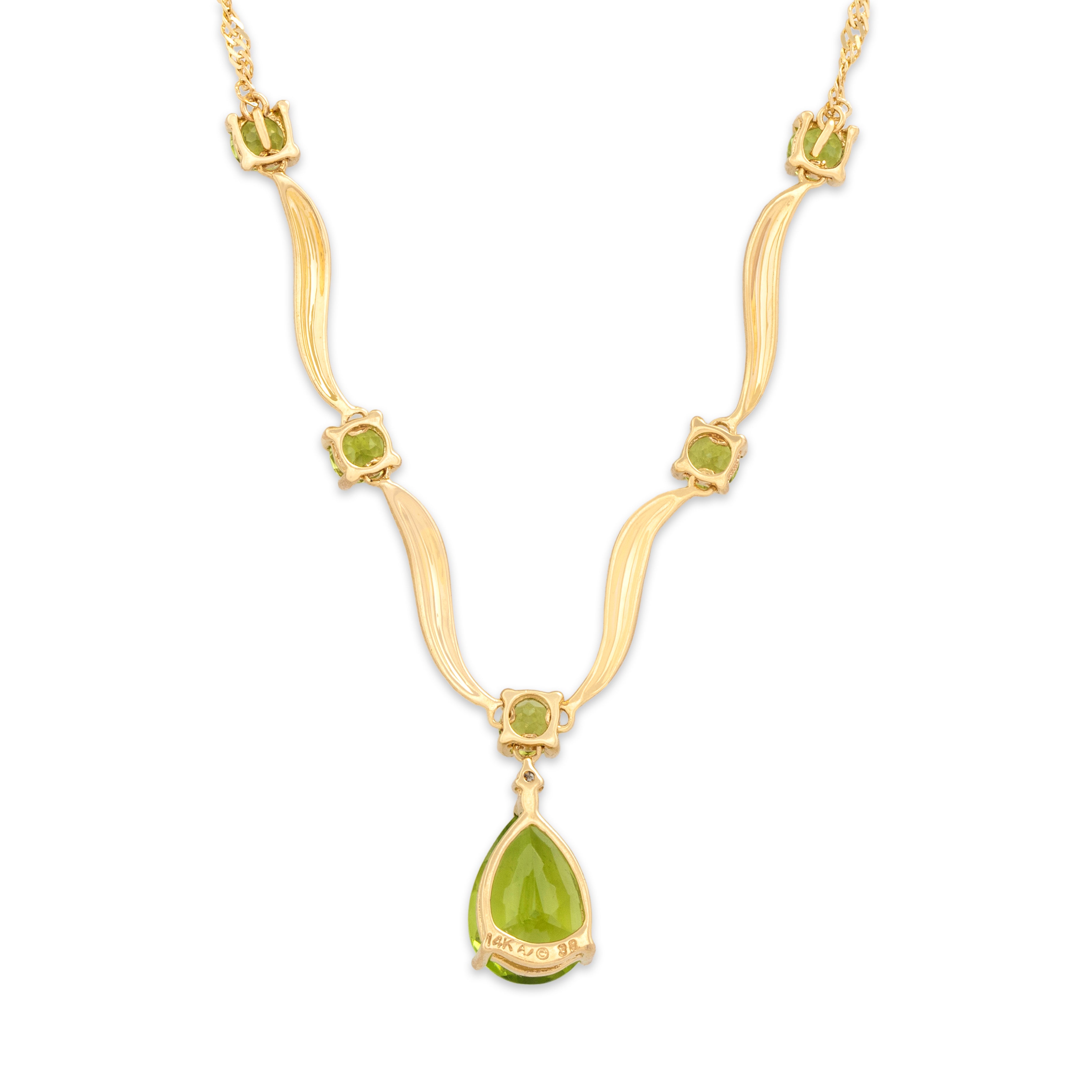 Vintage 14k Yellow & White Gold 4.43cttw Peridot Diamond Splendid Glittering Pear Drop Necklace - Back view