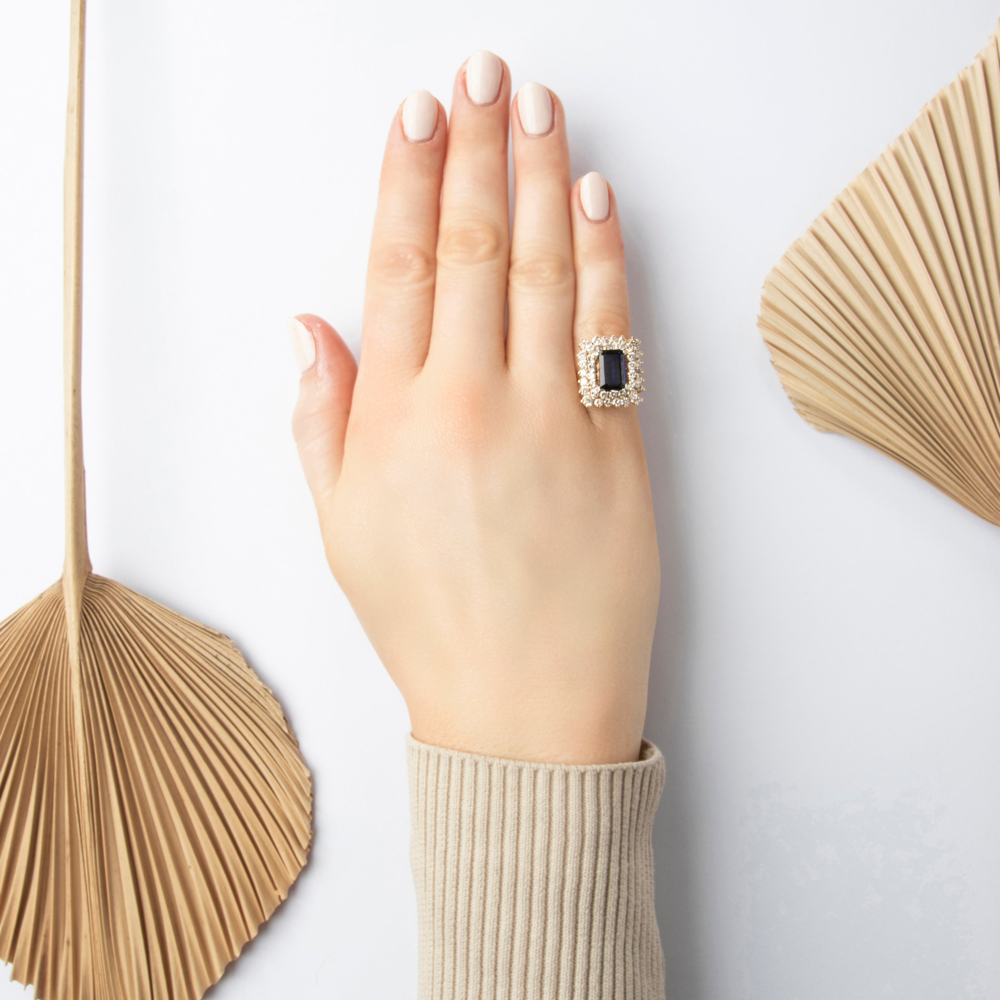 Vintage 14k Yellow Gold 2.68ct Blue Sapphire 1.44cttw Diamond Dazzling Rectangular Double Halo Cocktail Ring - On model view