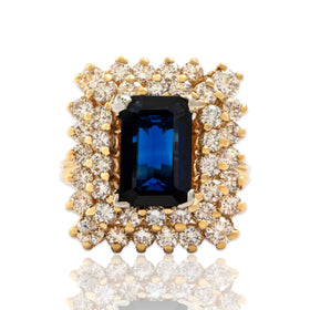 Vintage 14k Yellow Gold 2.68ct Blue Sapphire 1.44cttw Diamond Halo Ring 5.00