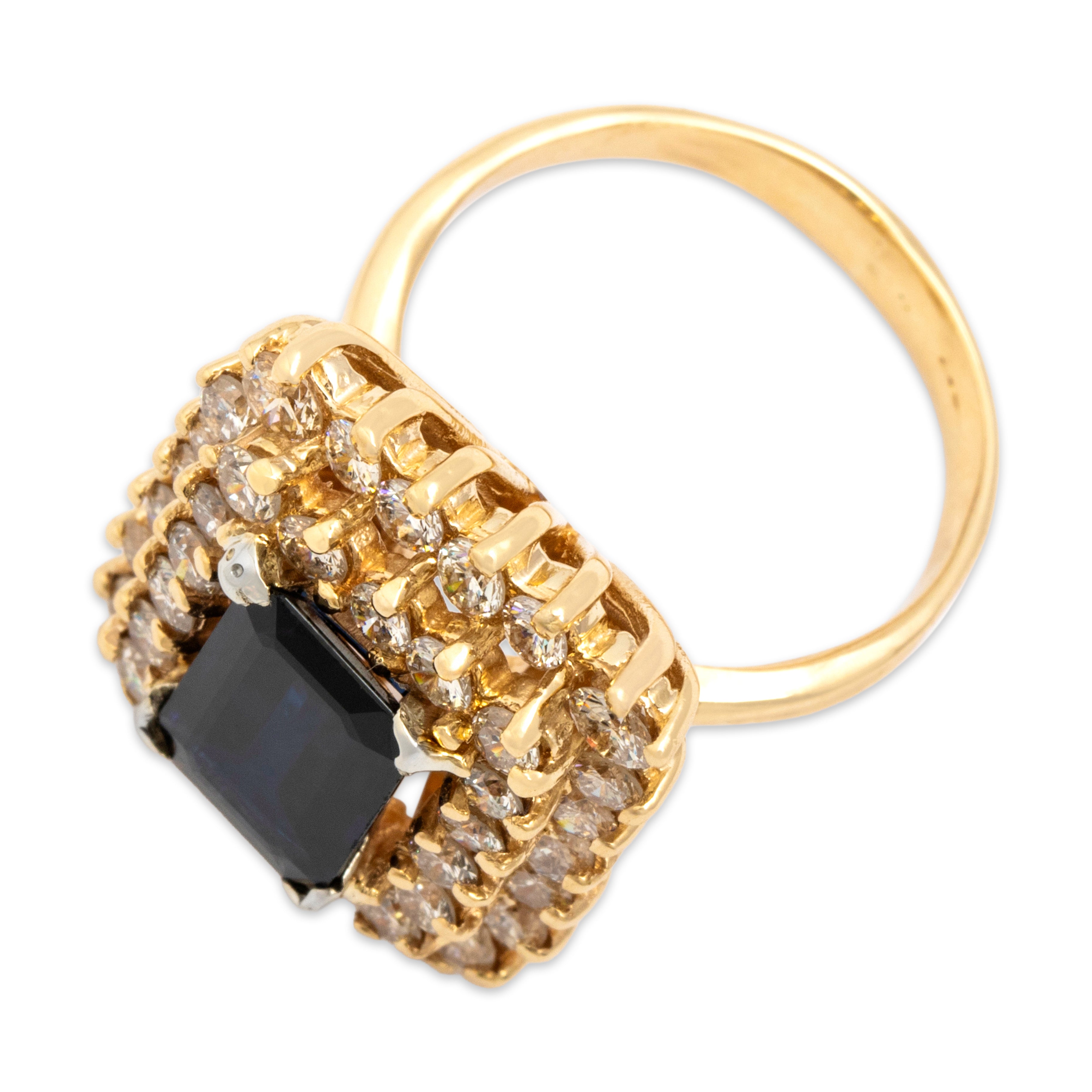 Vintage 14k Yellow Gold 2.68ct Blue Sapphire 1.44cttw Diamond Dazzling Rectangular Double Halo Cocktail Ring - Overall view