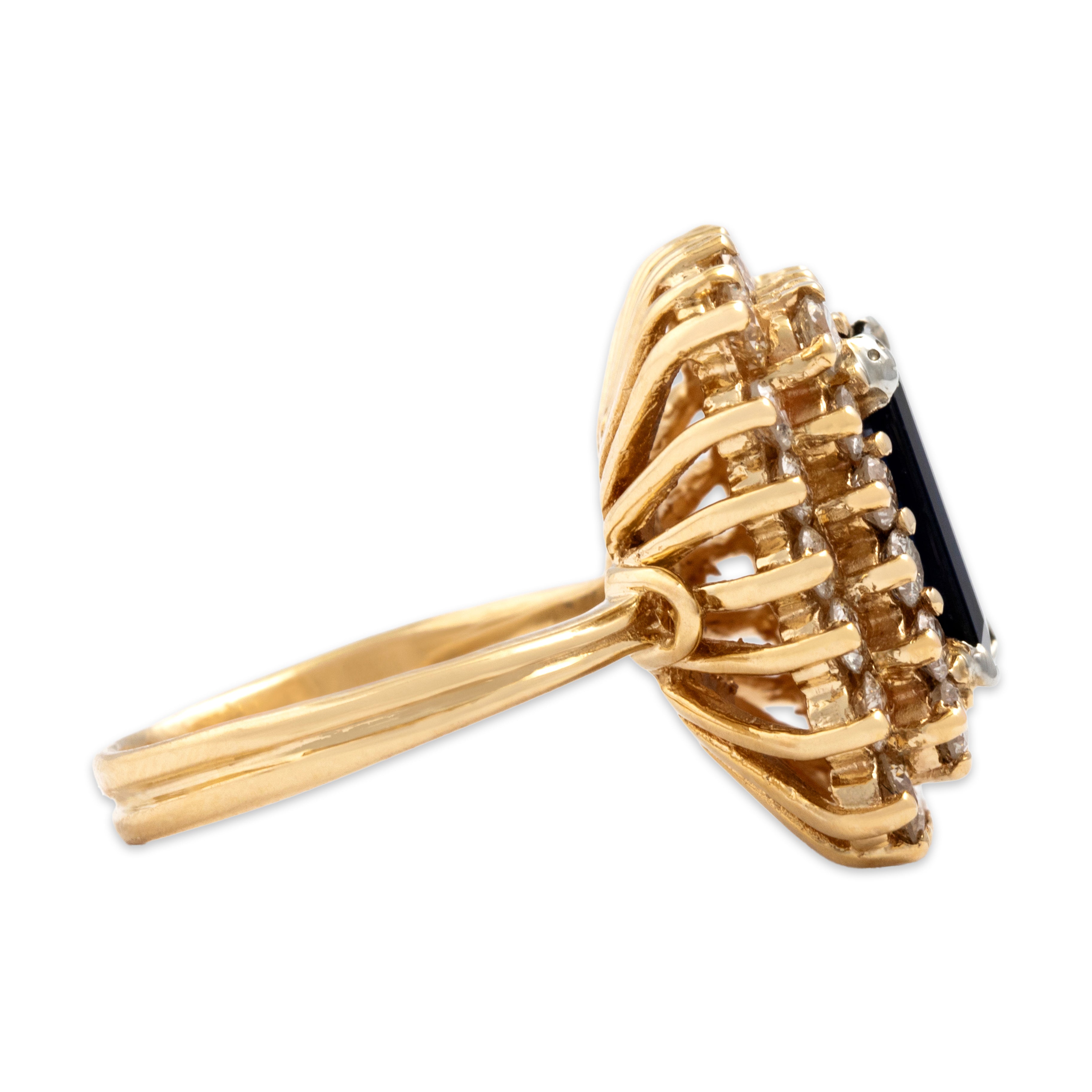 Vintage 14k Yellow Gold 2.68ct Blue Sapphire 1.44cttw Diamond Dazzling Rectangular Double Halo Cocktail Ring - Side view