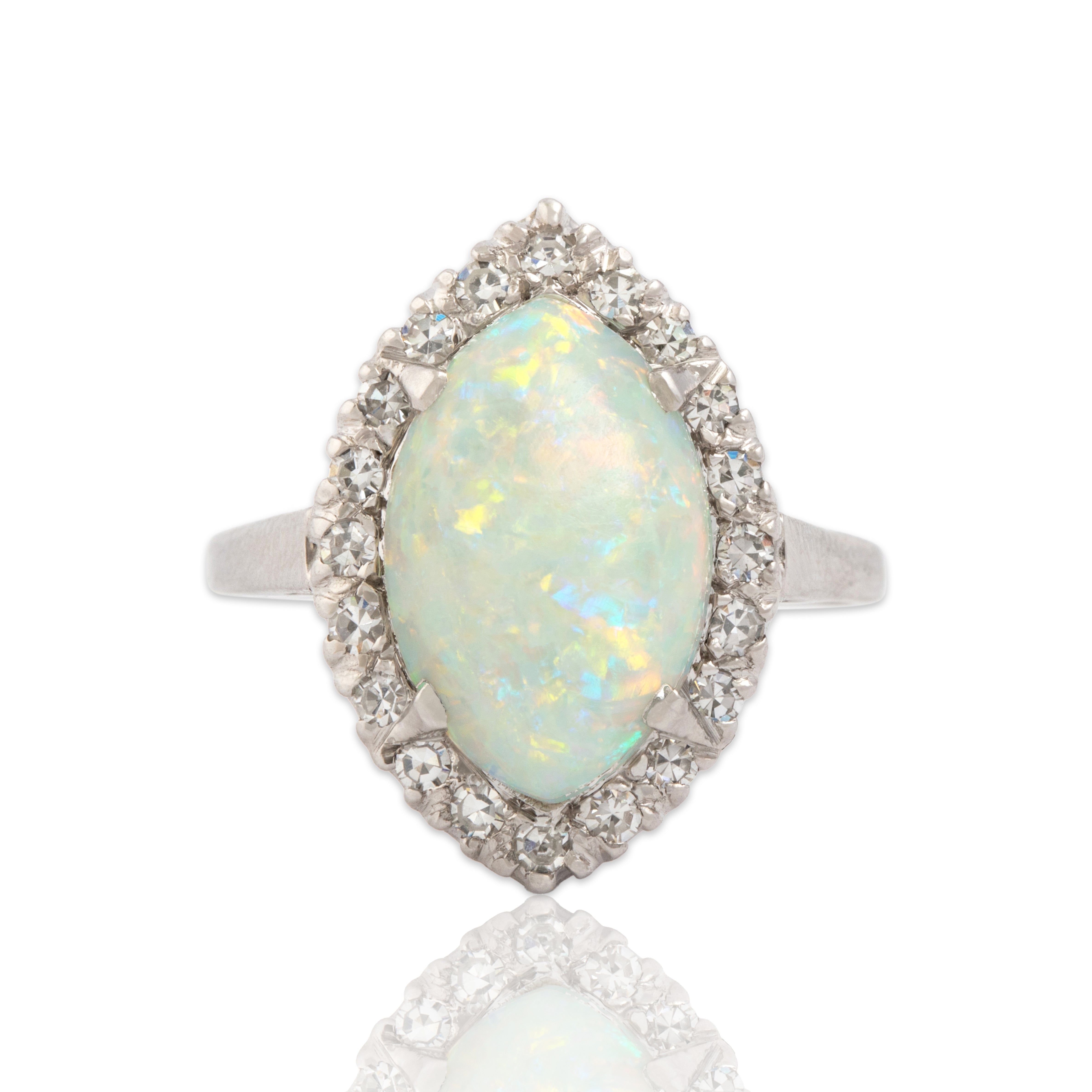 Vintage 14k White Gold 2.51ct Opal Diamond Sparkling Navette Halo Ring - Close-up view