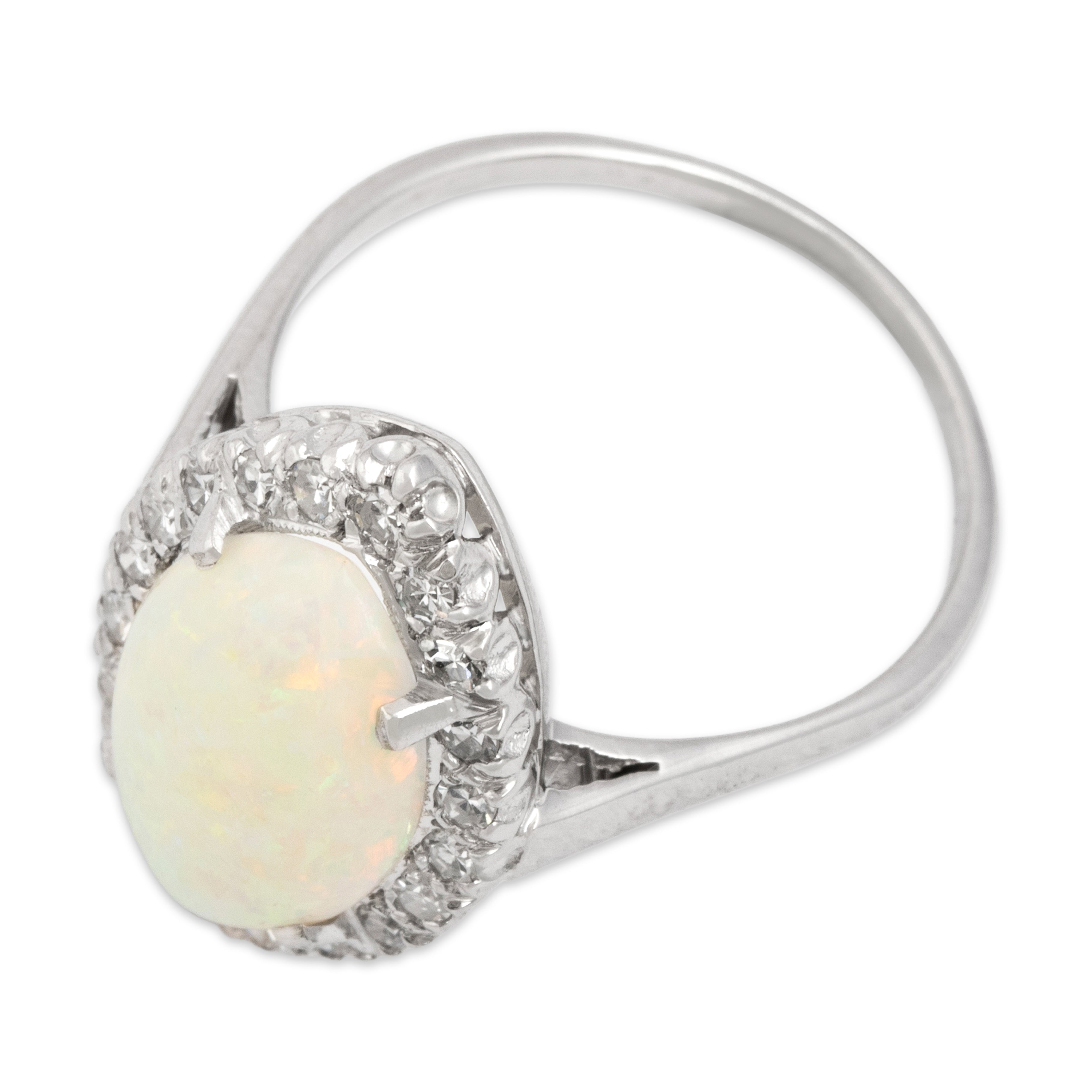 Vintage 14k White Gold 2.51ct Opal Diamond Sparkling Navette Halo Ring - Overall view