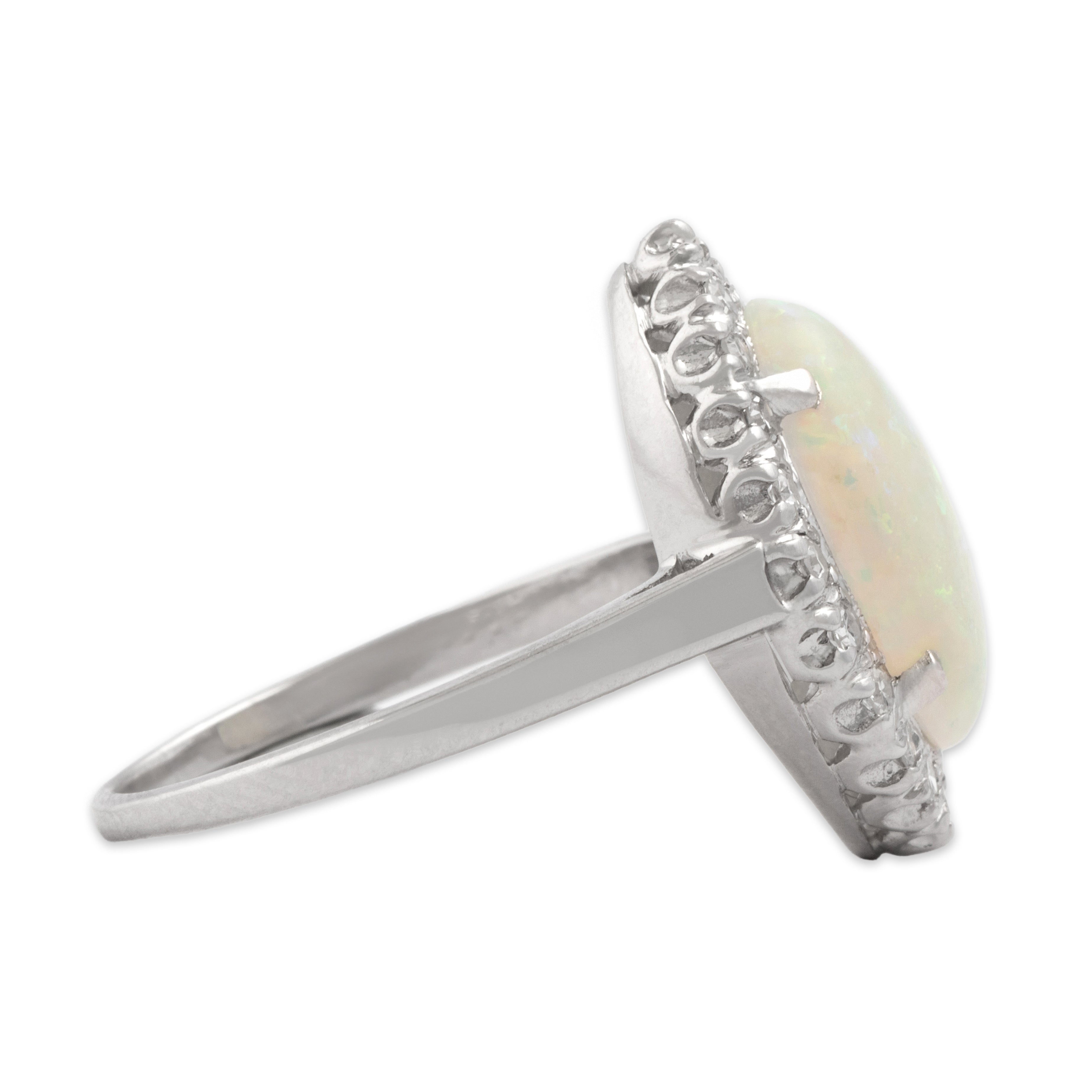 Vintage 14k White Gold 2.51ct Opal Diamond Sparkling Navette Halo Ring - Side view