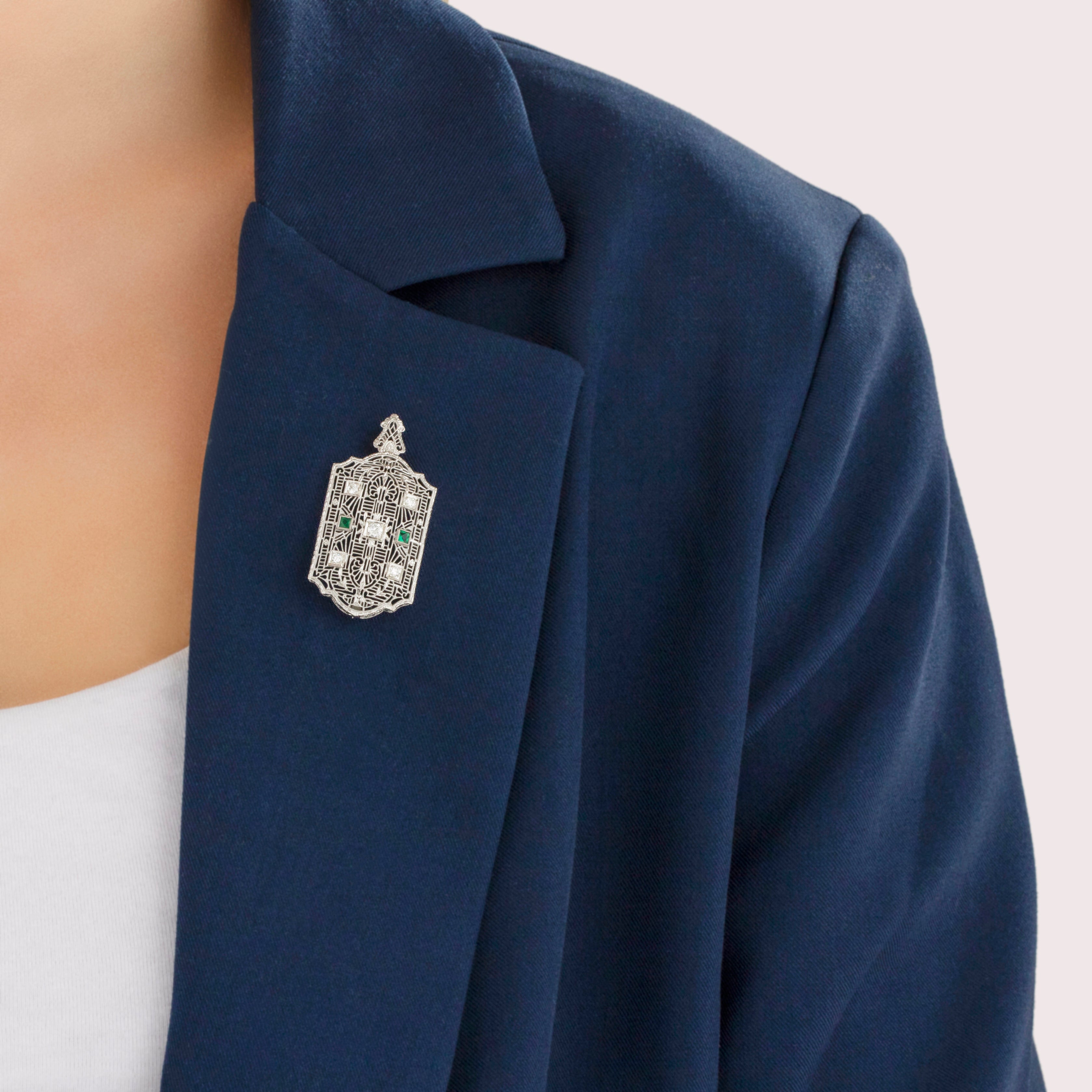 Antique 14k White Gold Old European Cut Diamond Glass Magnificent Intricate Filigree Pin / Pendant - On model view