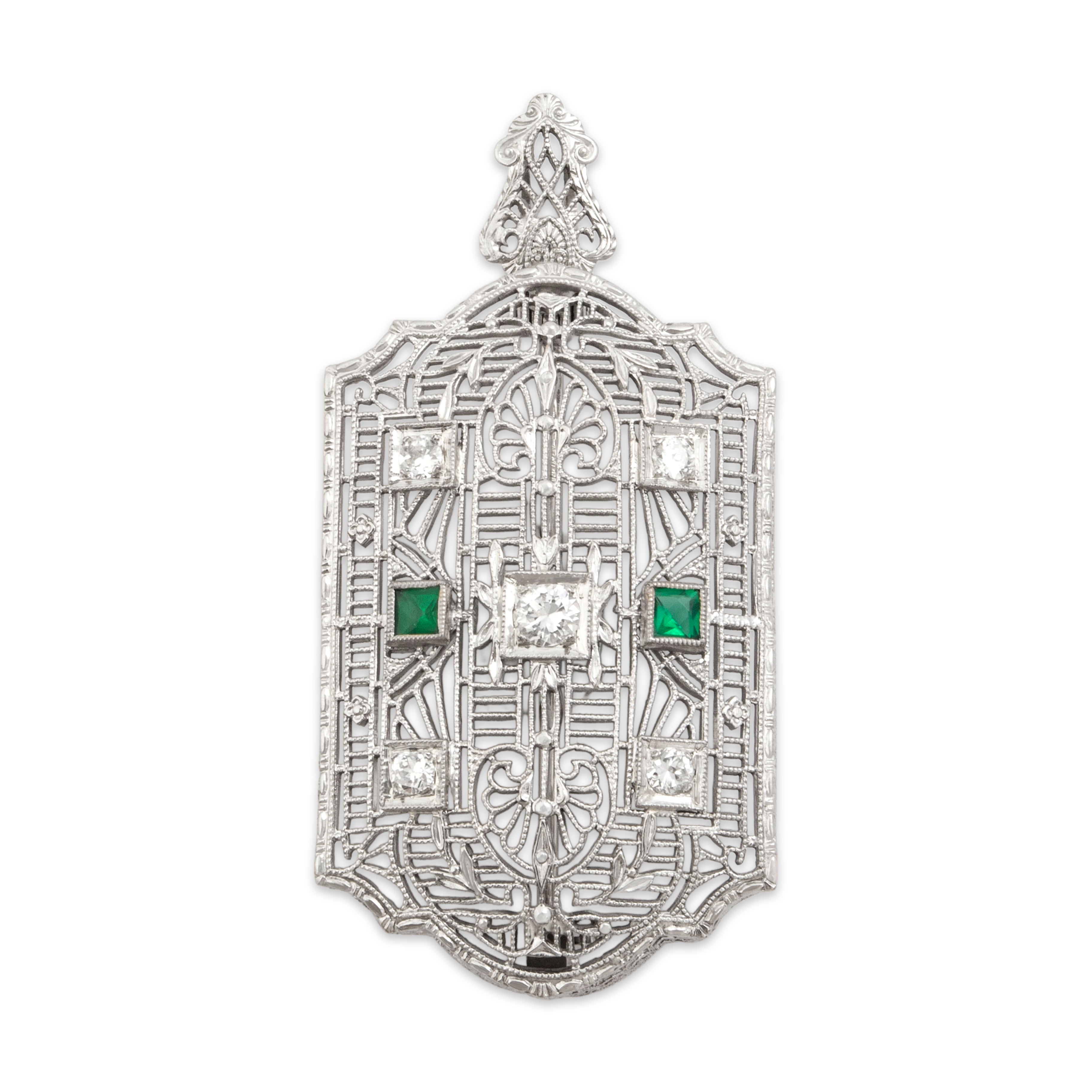 Antique 14k White Gold Old European Cut Diamond Glass Magnificent Intricate Filigree Pin / Pendant - Close-up view