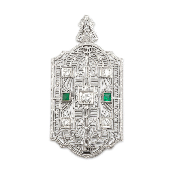 Antique Art Deco 14k White Gold Old European Cut Diamond Green Glass Pin / Pendant