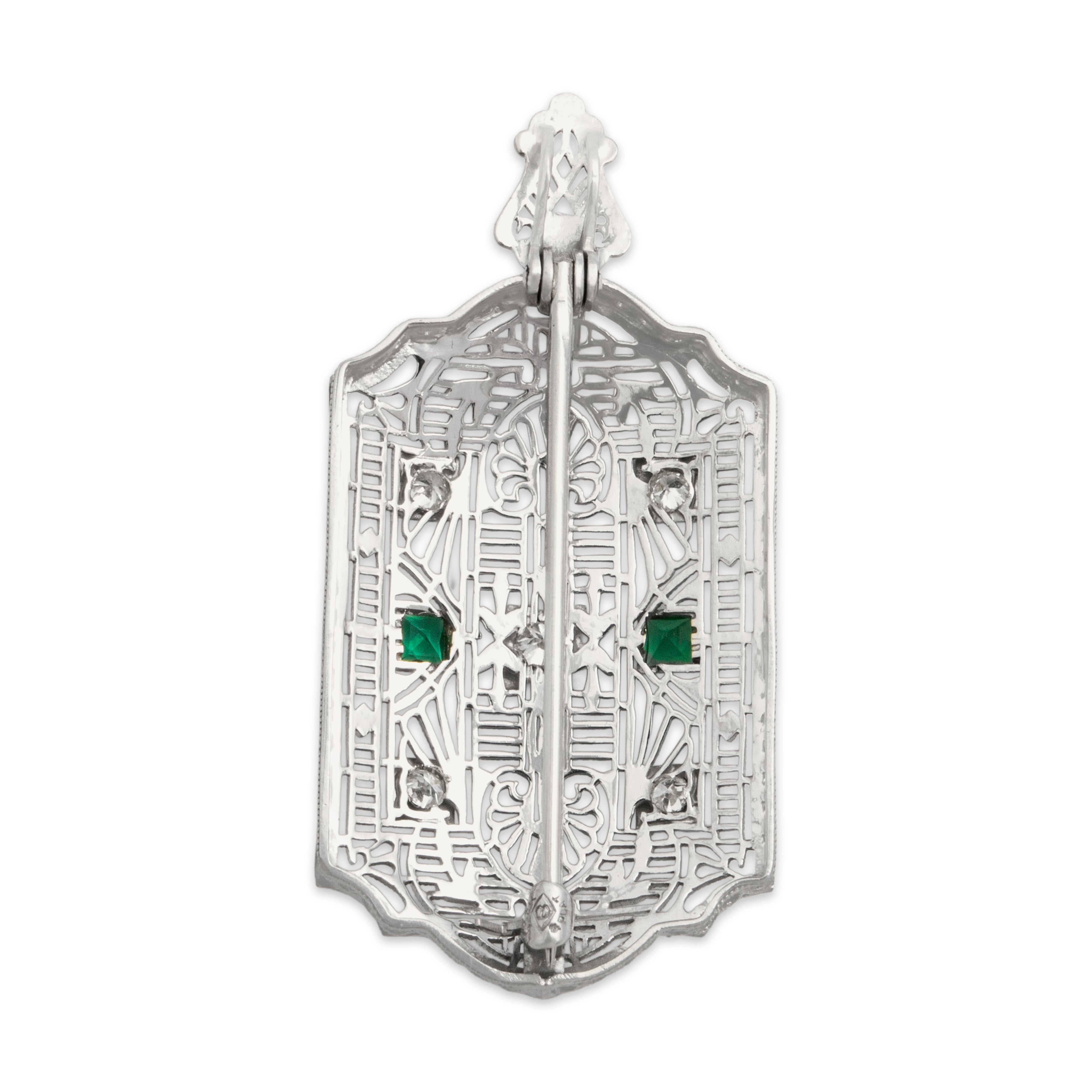 Antique 14k White Gold Old European Cut Diamond Glass Magnificent Intricate Filigree Pin / Pendant - Back view