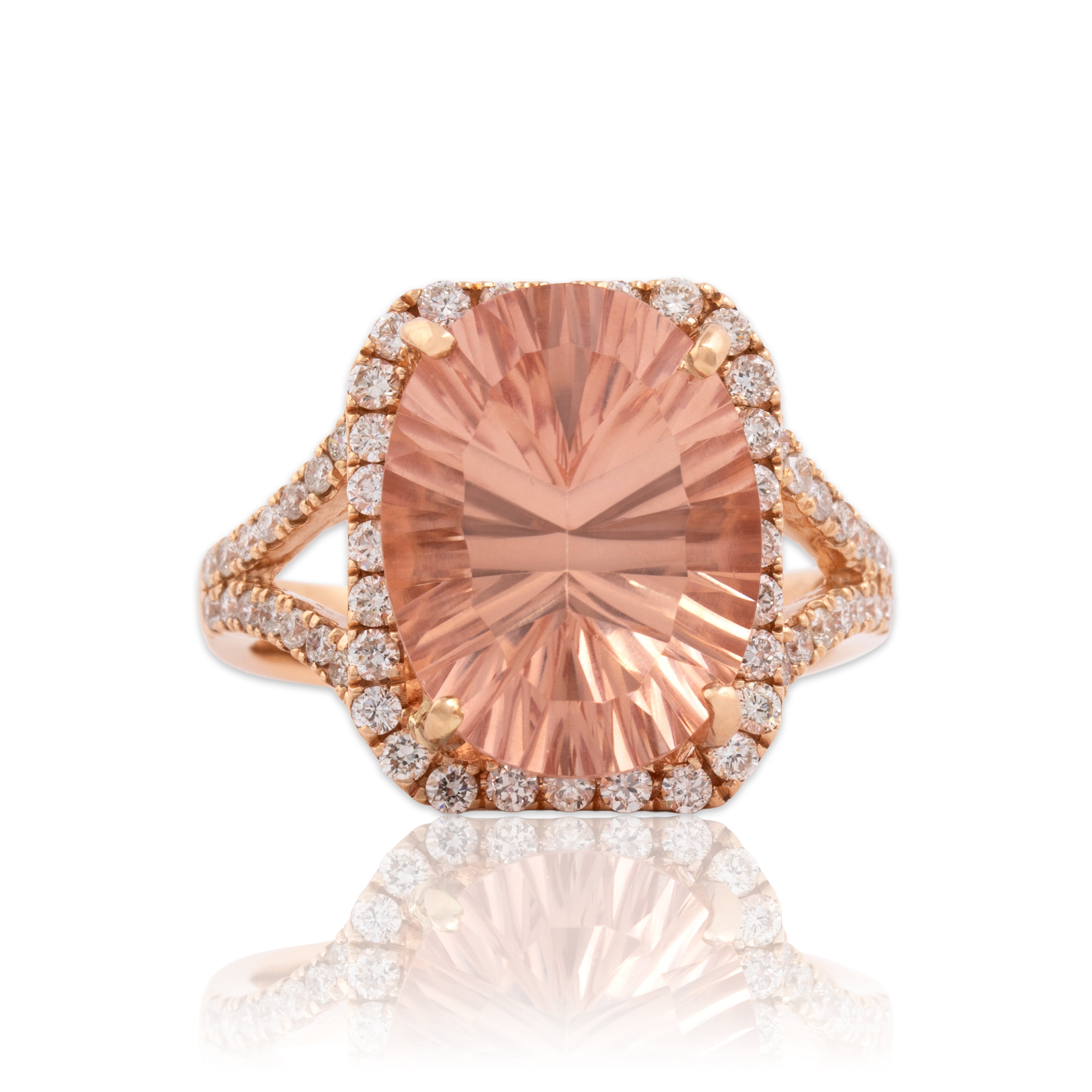 Vintage 14k Rose Gold 9.07ct Morganite .65cttw Diamond Flashing Fancy-Cut Oval Cocktail Ring - Close-up view