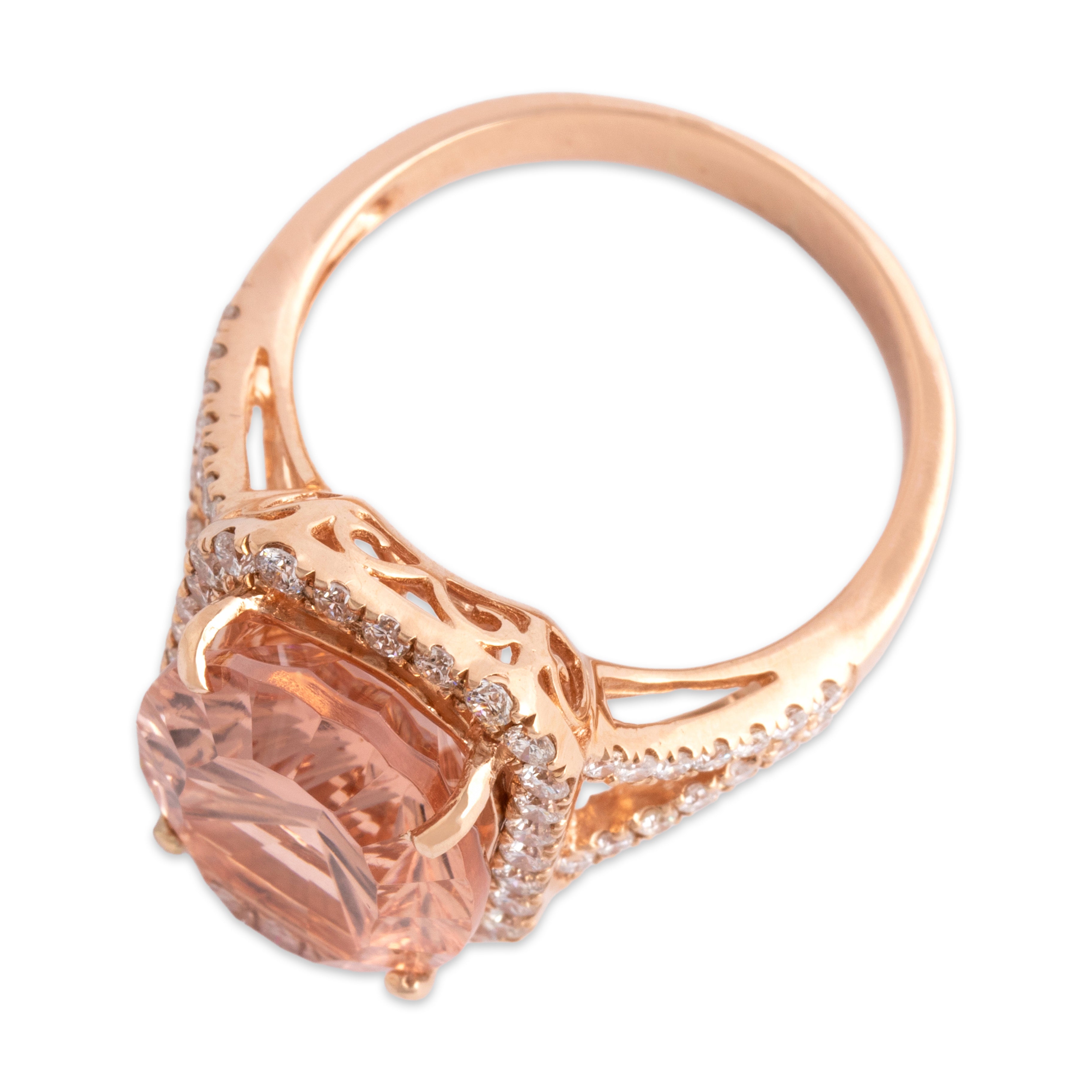 Vintage 14k Rose Gold 9.07ct Morganite .65cttw Diamond Flashing Fancy-Cut Oval Cocktail Ring - Overall view