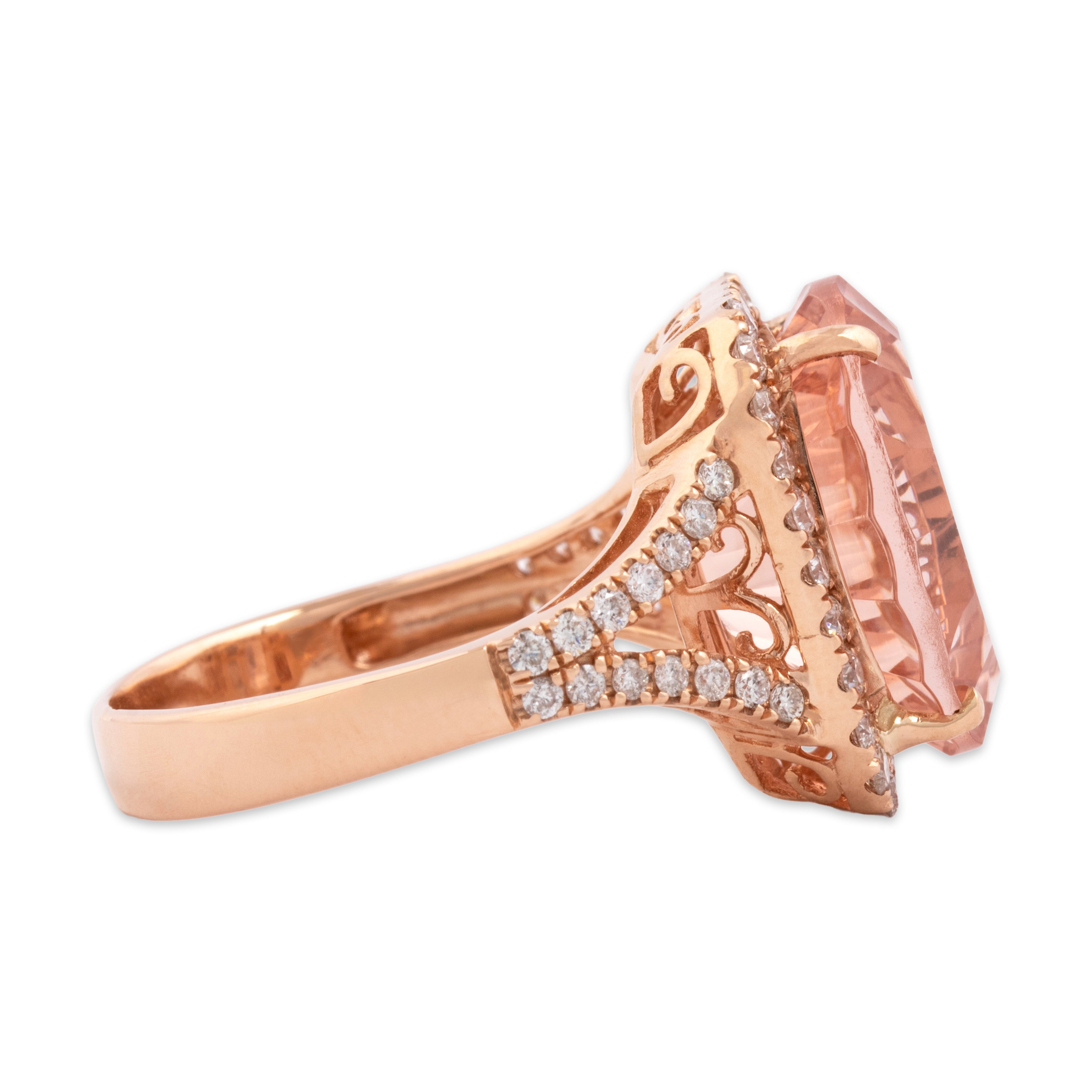 Vintage 14k Rose Gold 9.07ct Morganite .65cttw Diamond Flashing Fancy-Cut Oval Cocktail Ring - Side view