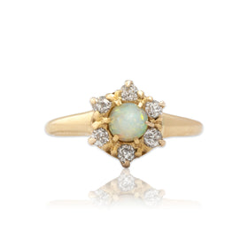 Antique 14k Yellow Gold Opal Old Mine Diamond Wonderful Floral Halo Ring 6.25