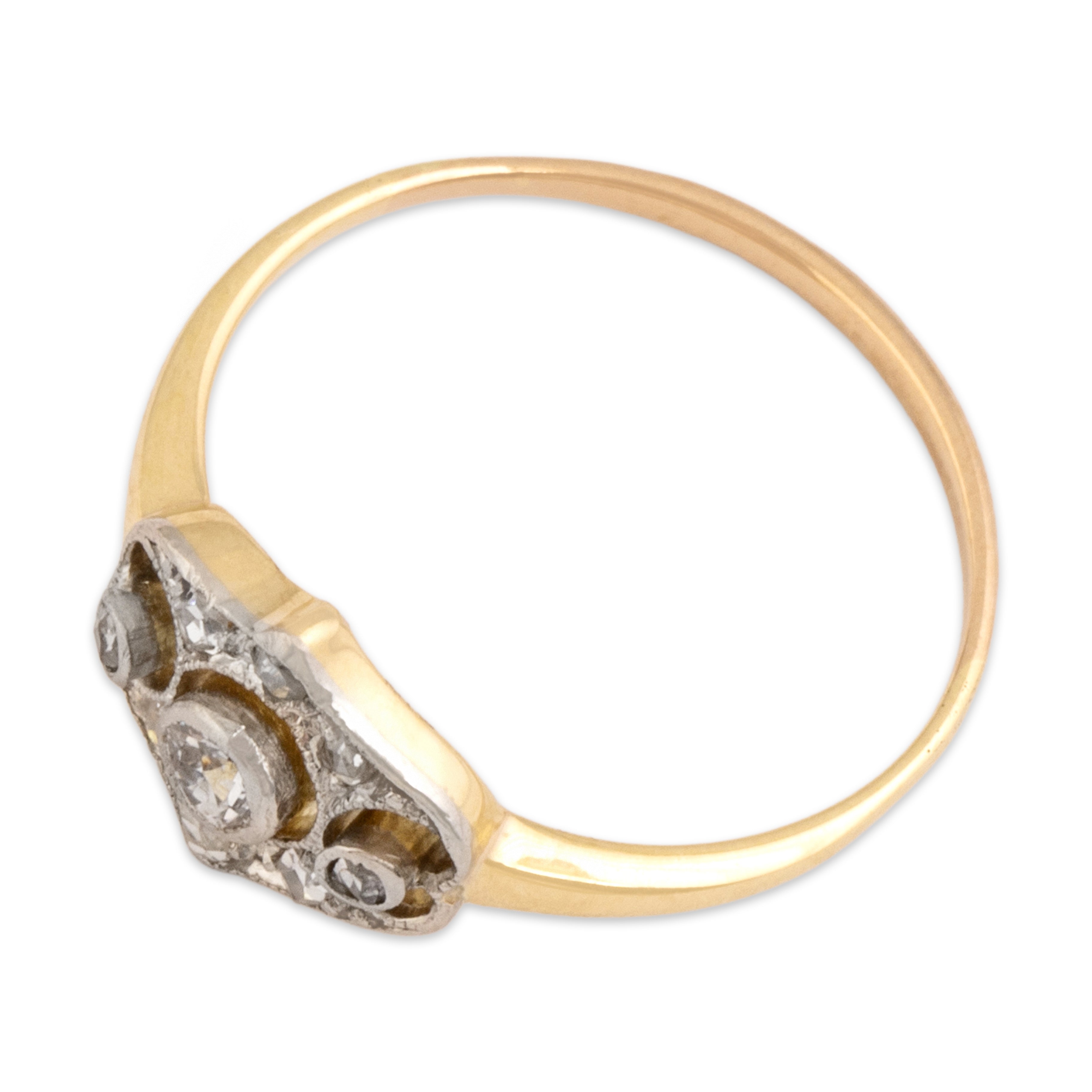 Antique Edwardian 14k Yellow Gold & Platinum Old Mine Cut Diamond Ornate Openwork Milgrain Plaque Ring - Overall view