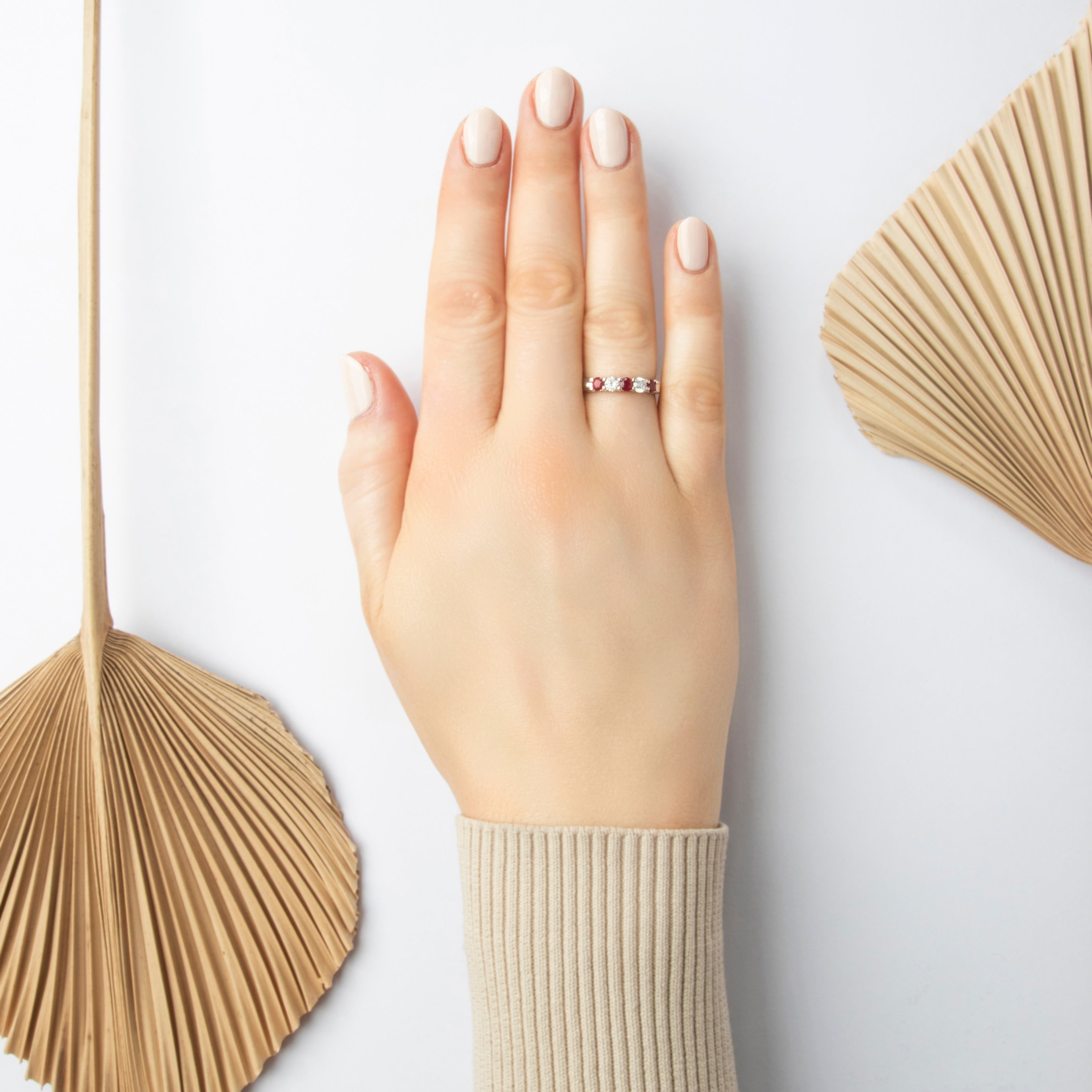 Estate 14k White Gold Ruby Diamond Dazzling Alternating Line Band Ring - On model view