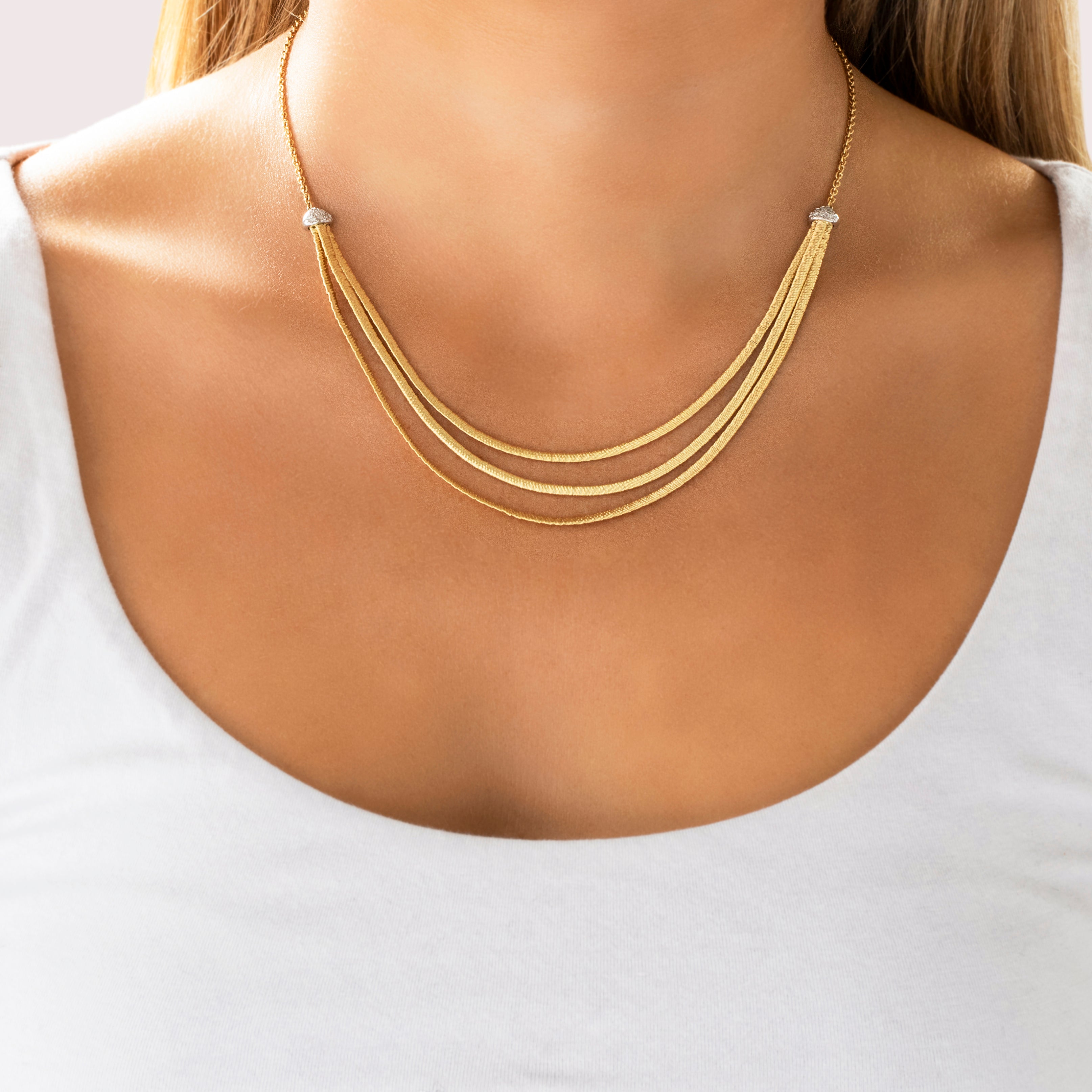 Estate Marco Bicego 18k Yellow & White Gold Diamond Draping Wire-Wrapped Elegance Necklace - On model view