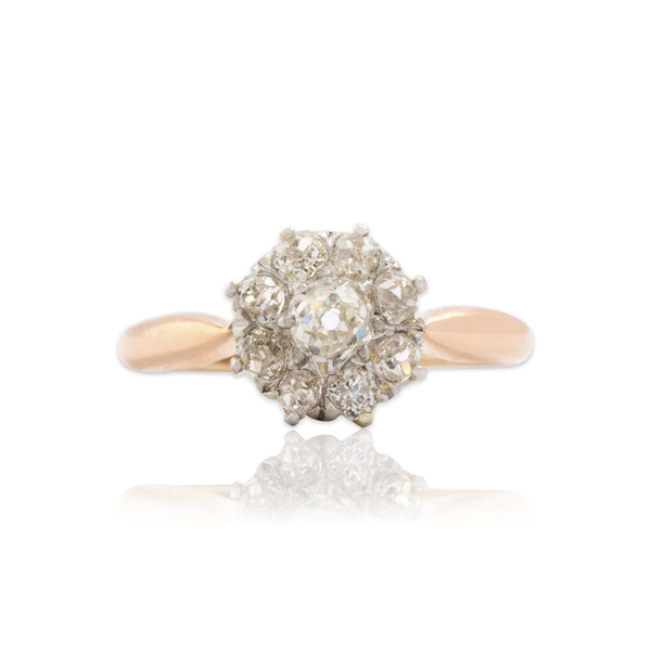 Antique 18k Rosy Yellow Gold & Platinum .47cttw Old Mine Diamond Halo Ring 6.25