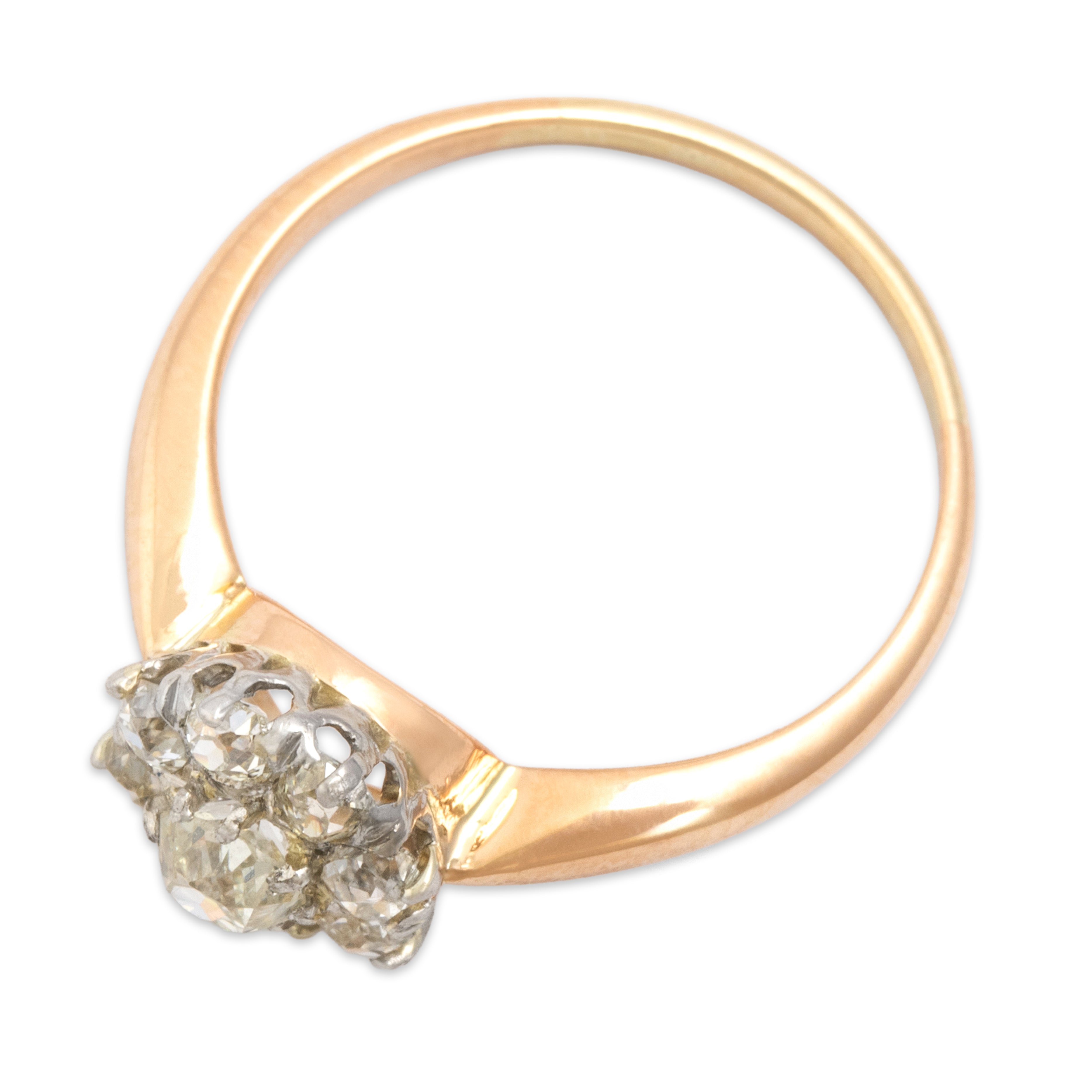 Antique 18k Rosy Yellow Gold & Platinum Old Mine Cut Diamond Marvelous Sparkling Halo Ring - Overall view