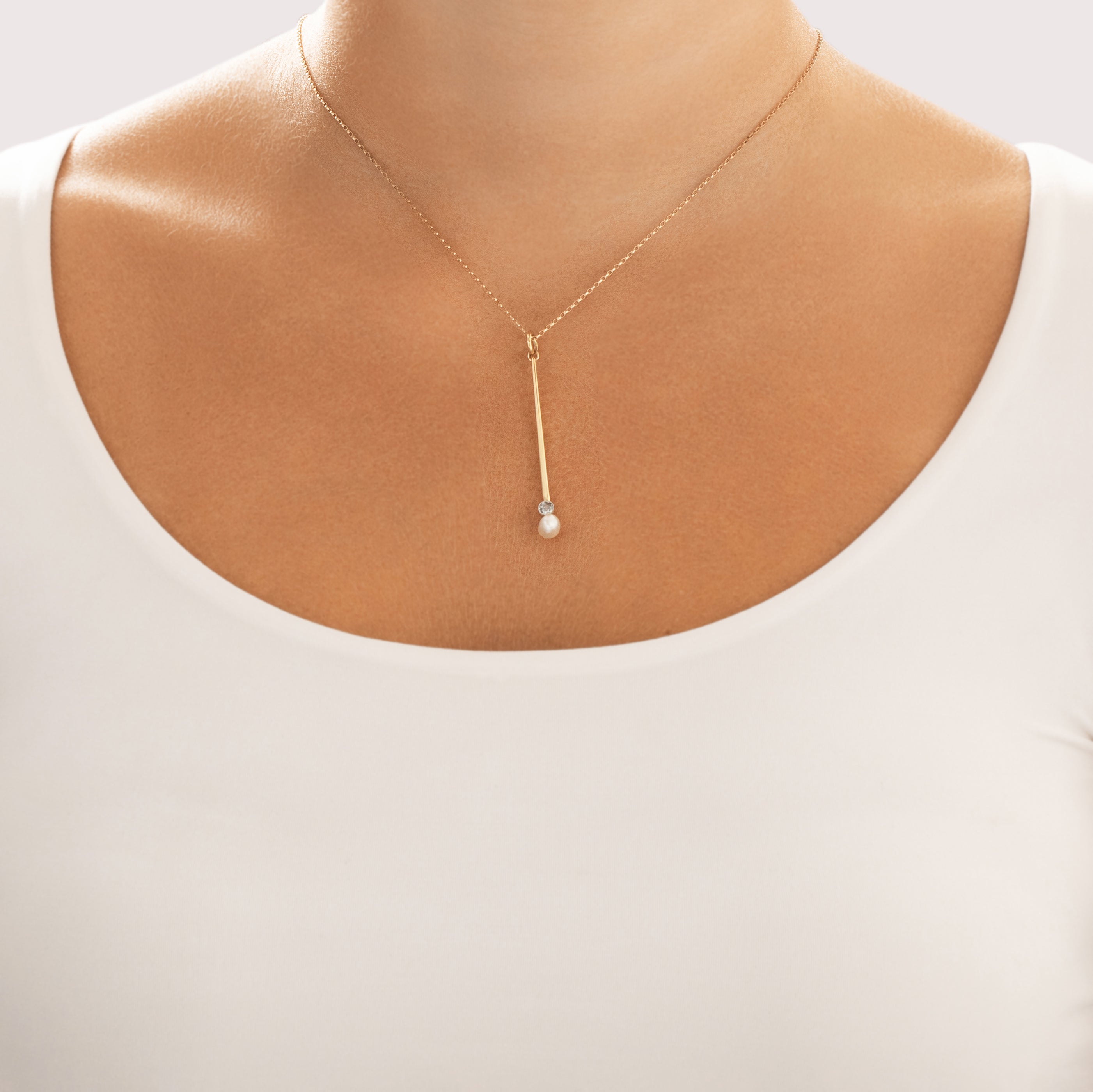 Antique 18k Yellow Gold & Platinum Old Mine Cut Diamond Baroque Pearl Sleek Accented Bar Pendant - On model view