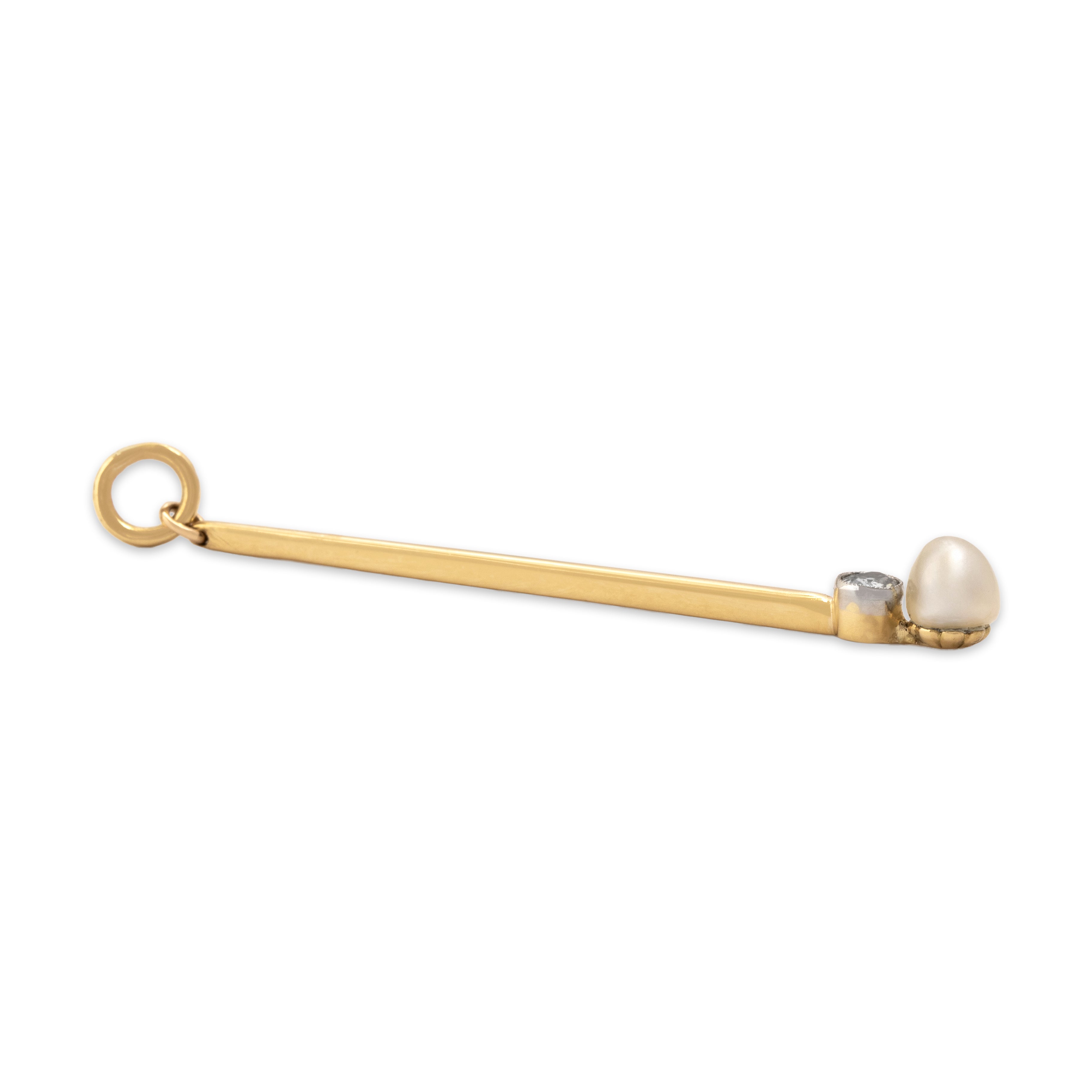 Antique 18k Yellow Gold & Platinum Old Mine Cut Diamond Baroque Pearl Sleek Accented Bar Pendant - Side view