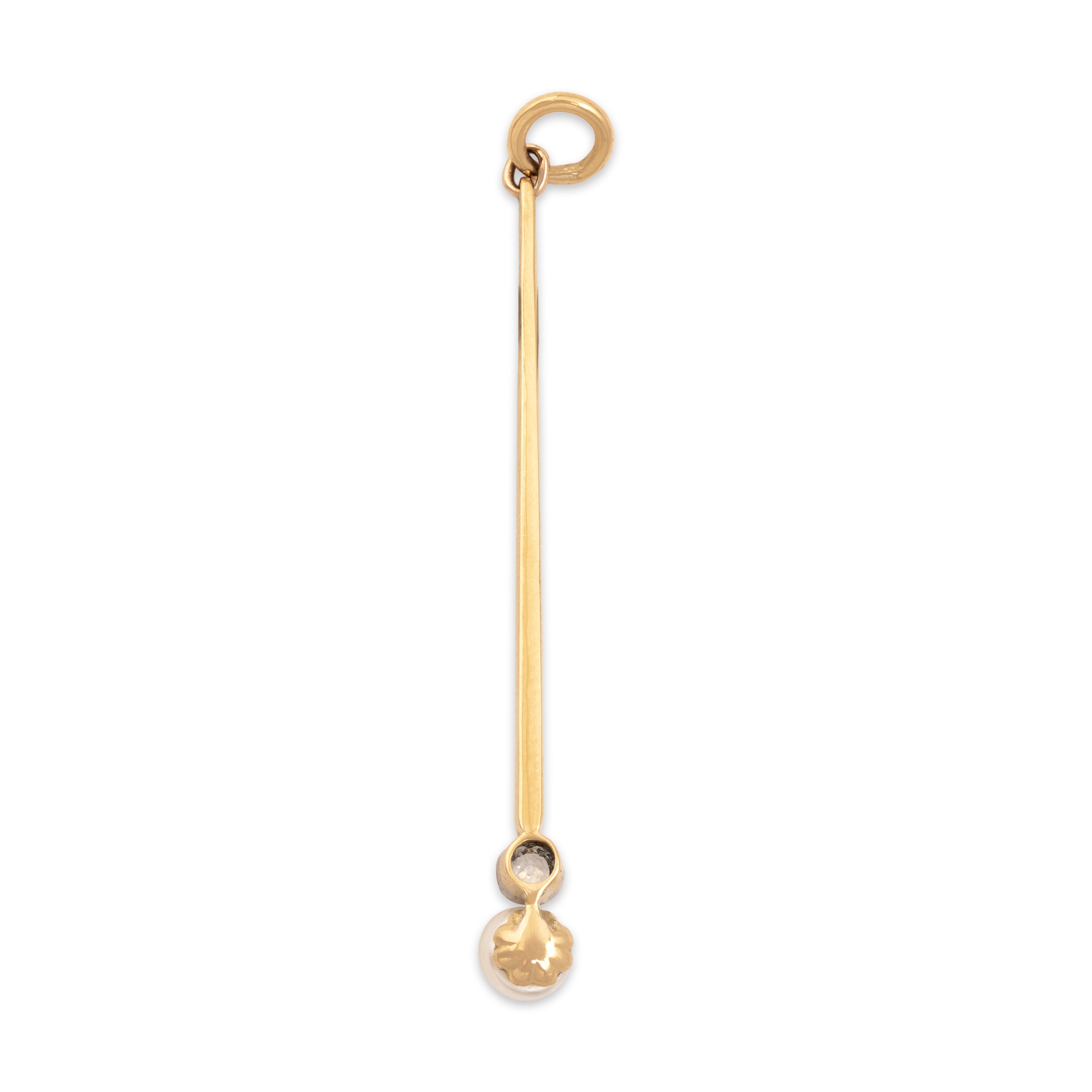 Antique 18k Yellow Gold & Platinum Old Mine Cut Diamond Baroque Pearl Sleek Accented Bar Pendant - Back view