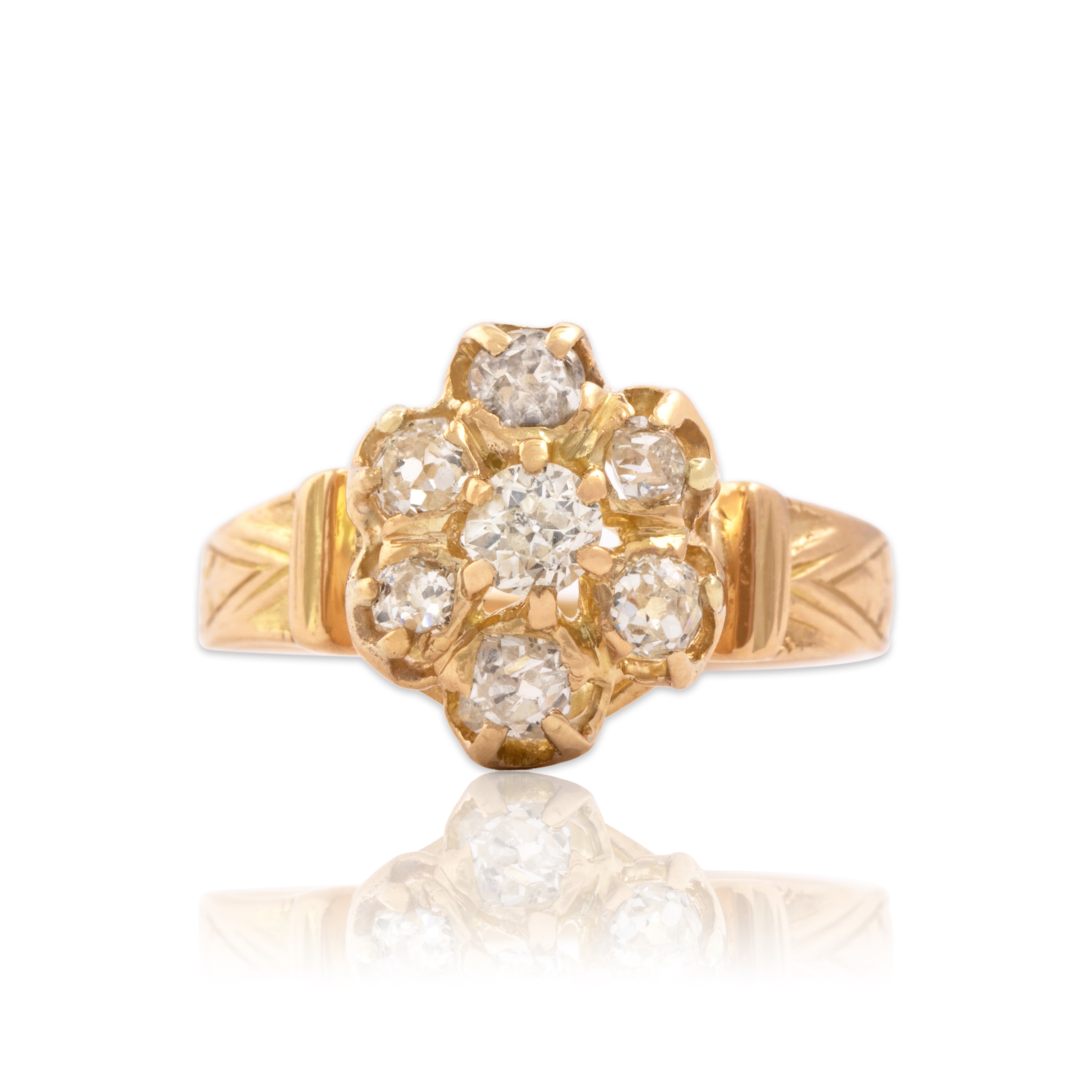 Antique Victorian 18k Rosy Yellow Gold .69cttw Old Mine Cut Diamond Fantastic Decorated Floriform Halo Ring - Close-up view