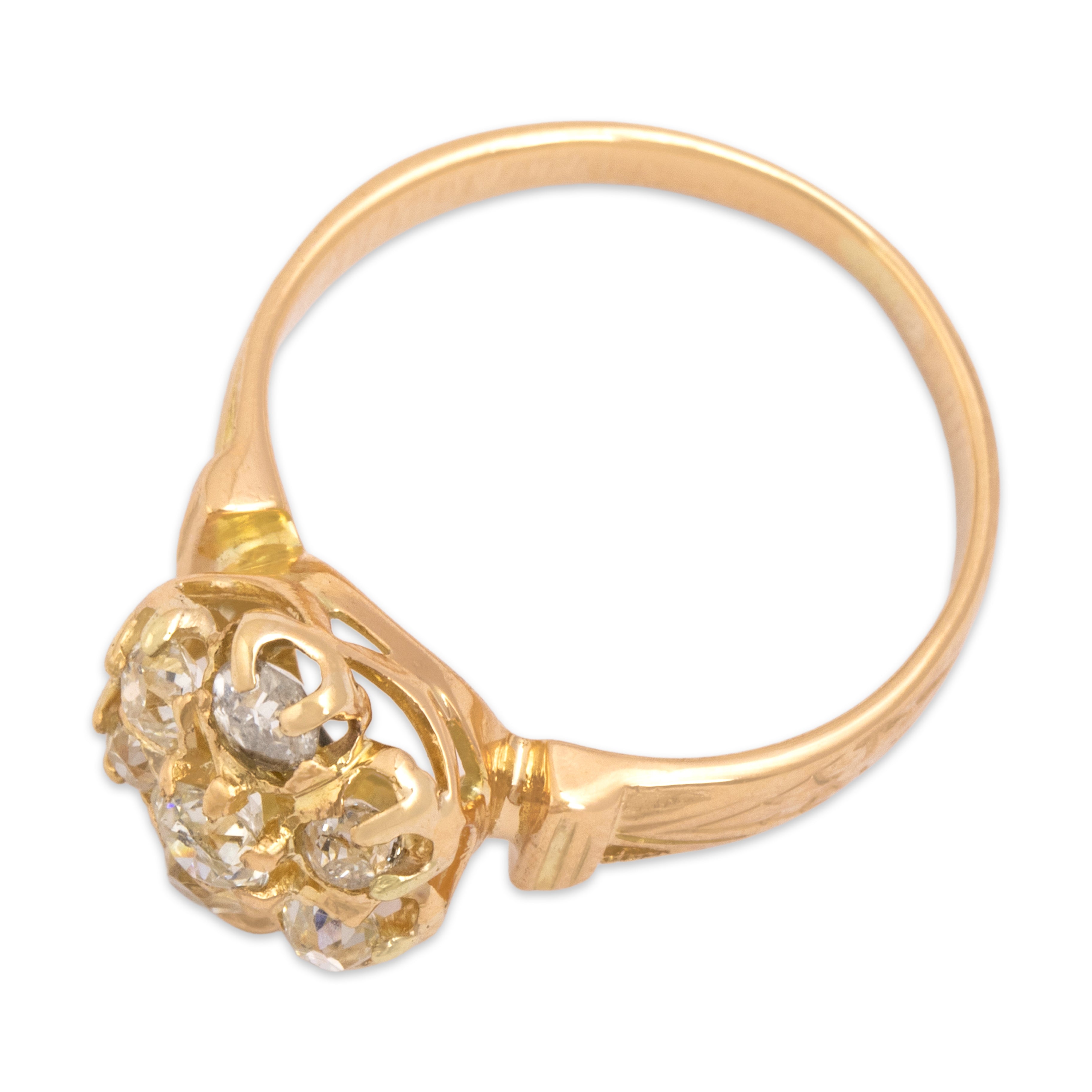 Antique Victorian 18k Rosy Yellow Gold .69cttw Old Mine Cut Diamond Fantastic Decorated Floriform Halo Ring - Overall view