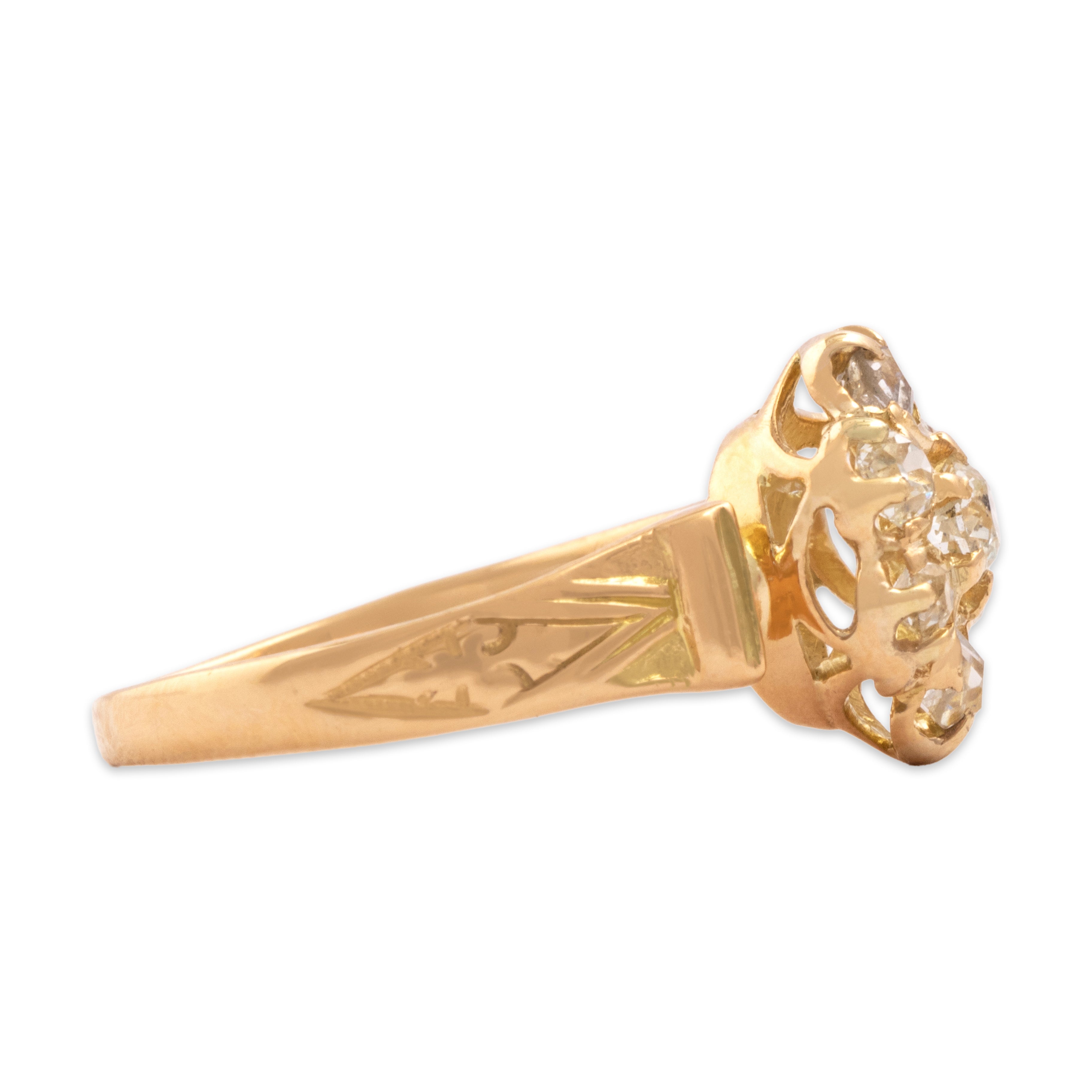 Antique Victorian 18k Rosy Yellow Gold .69cttw Old Mine Cut Diamond Fantastic Decorated Floriform Halo Ring - Side view