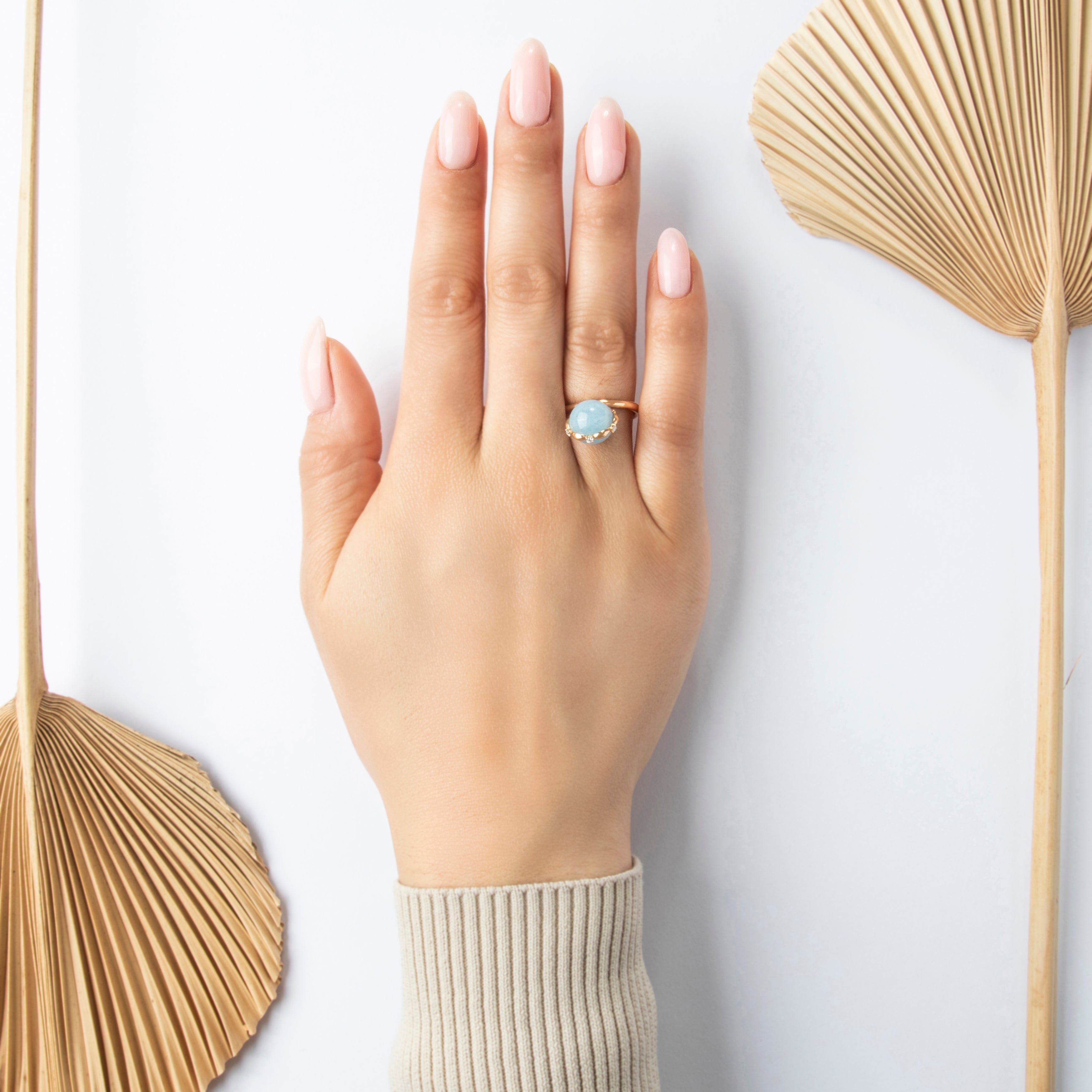 Vintage Italian 18k Rose Gold Diamond Sky Blue Quartz Whimsical Moving Bobble Ring - On model view
