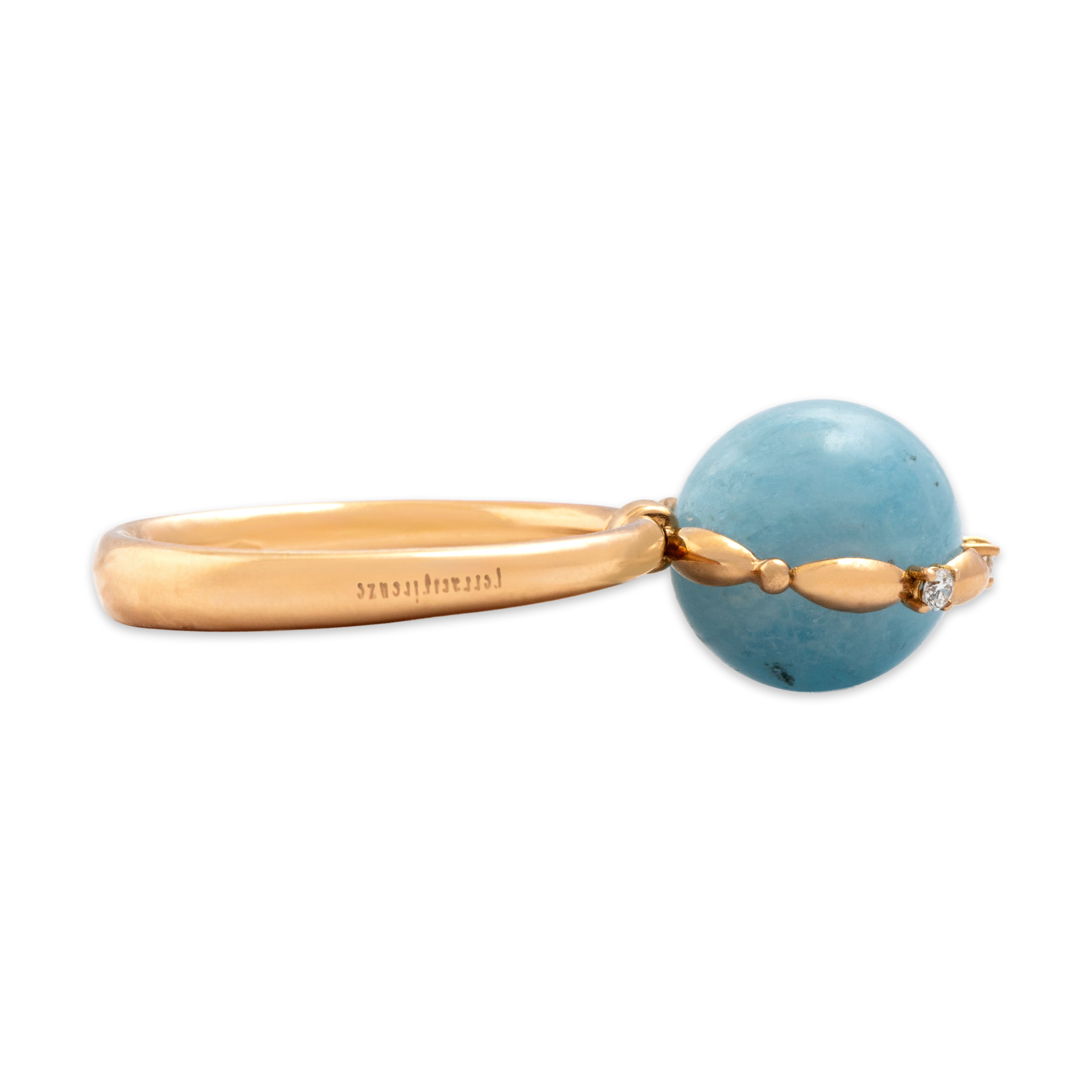 Vintage Italian 18k Rose Gold Diamond Sky Blue Quartz Whimsical Moving Bobble Ring - Side view