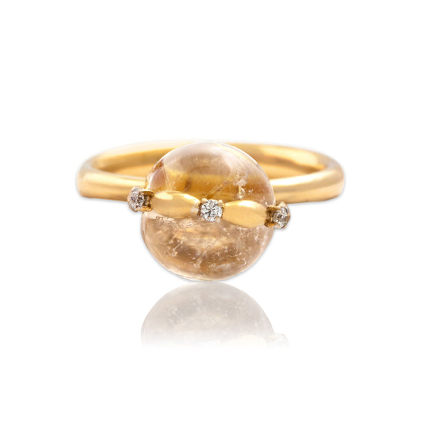 Vintage Italian 18k Yellow Gold Rutilated Quartz Diamond Bauble Motion Ring 6.50