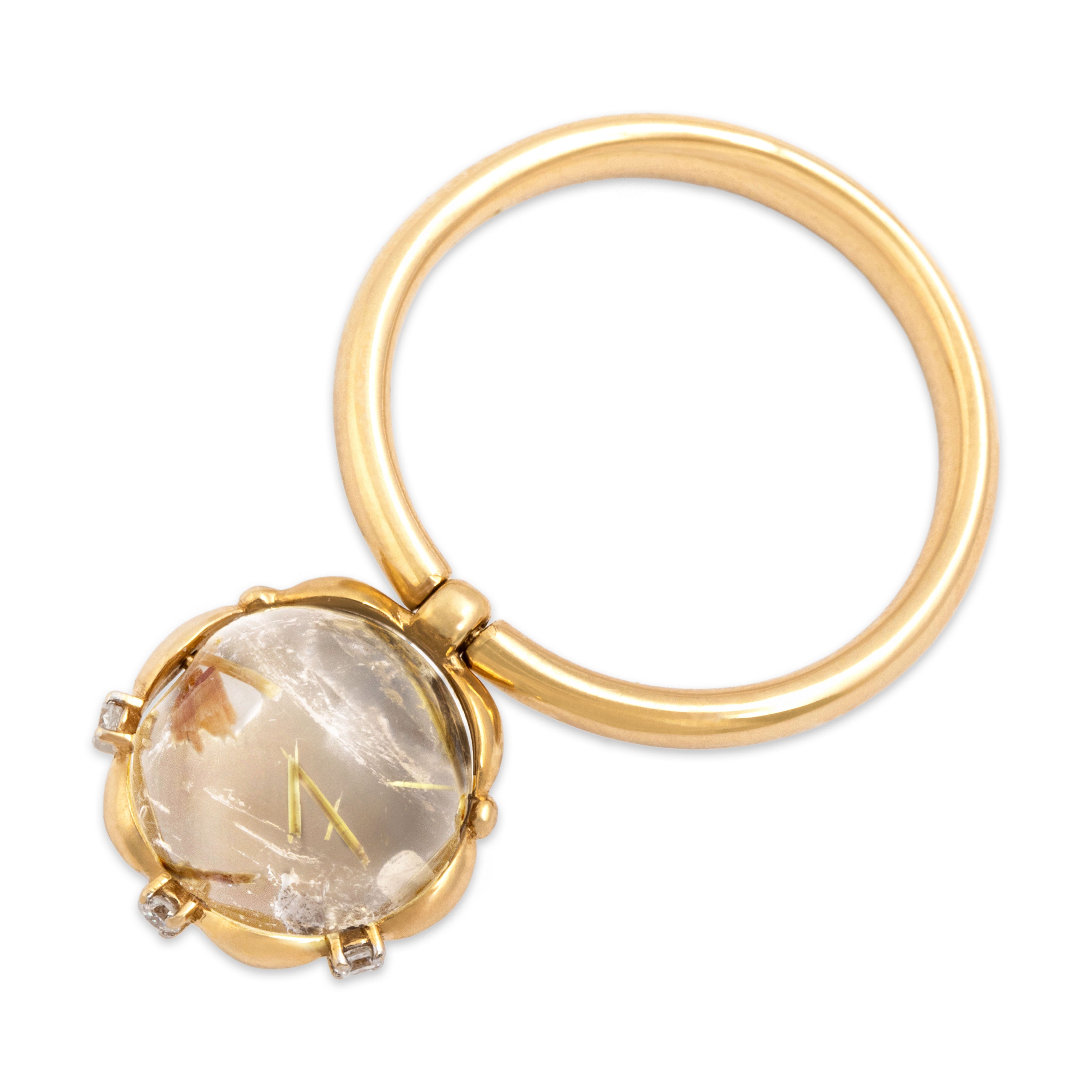 Vintage Italian 18k Yellow Gold Rutilated Quartz Diamond Bauble Motion Ring 6.50