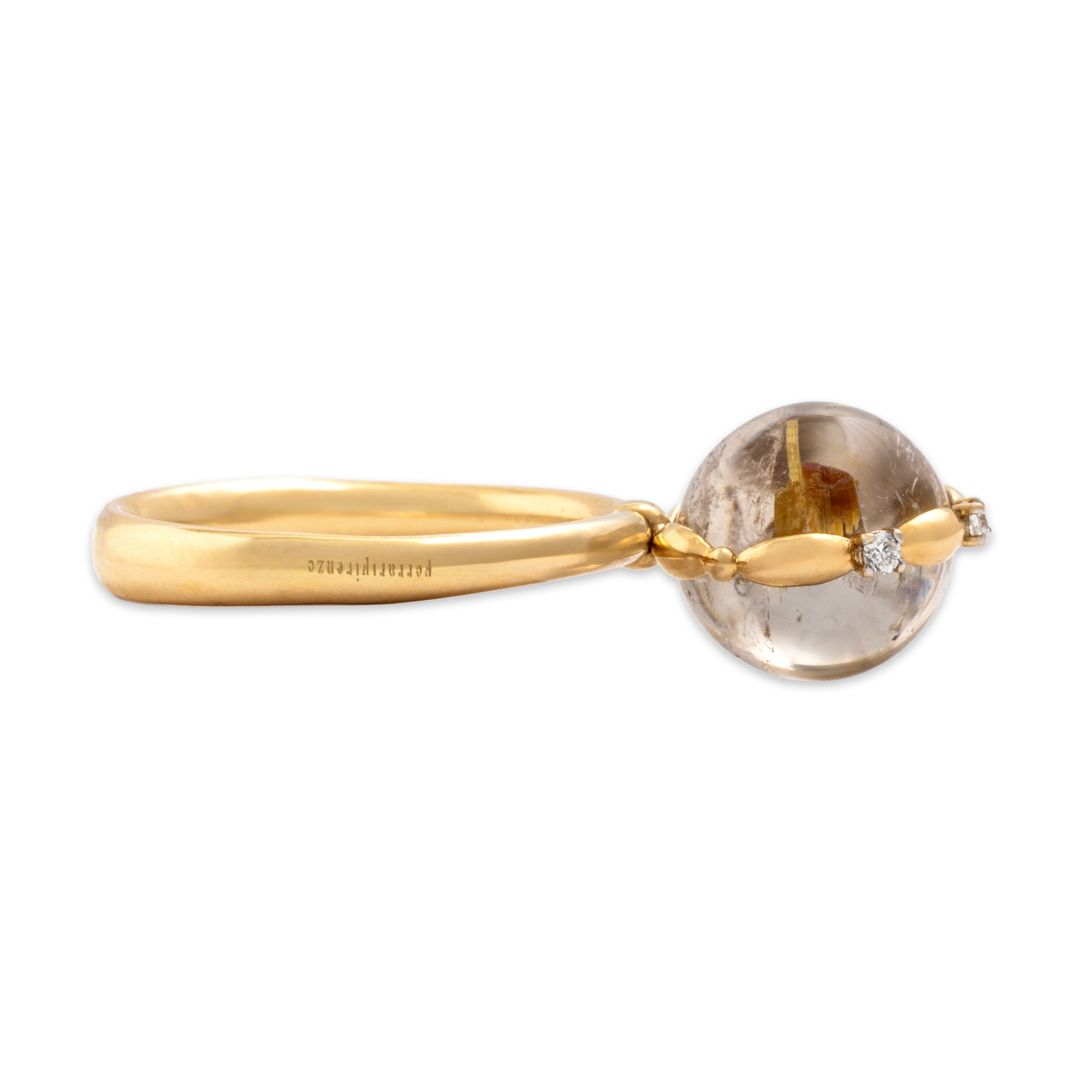 Vintage Italian 18k Yellow Gold Rutilated Venus Hair Quartz Diamond Fantastic Dynamic Bobble Motion Ring - Side view