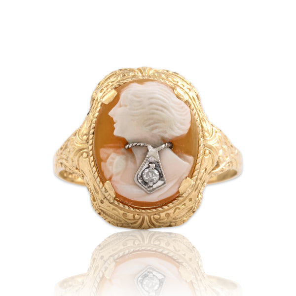 Vintage 10k Yellow & White Gold Shell Diamond Posh Woman Cameo Ring 6.25