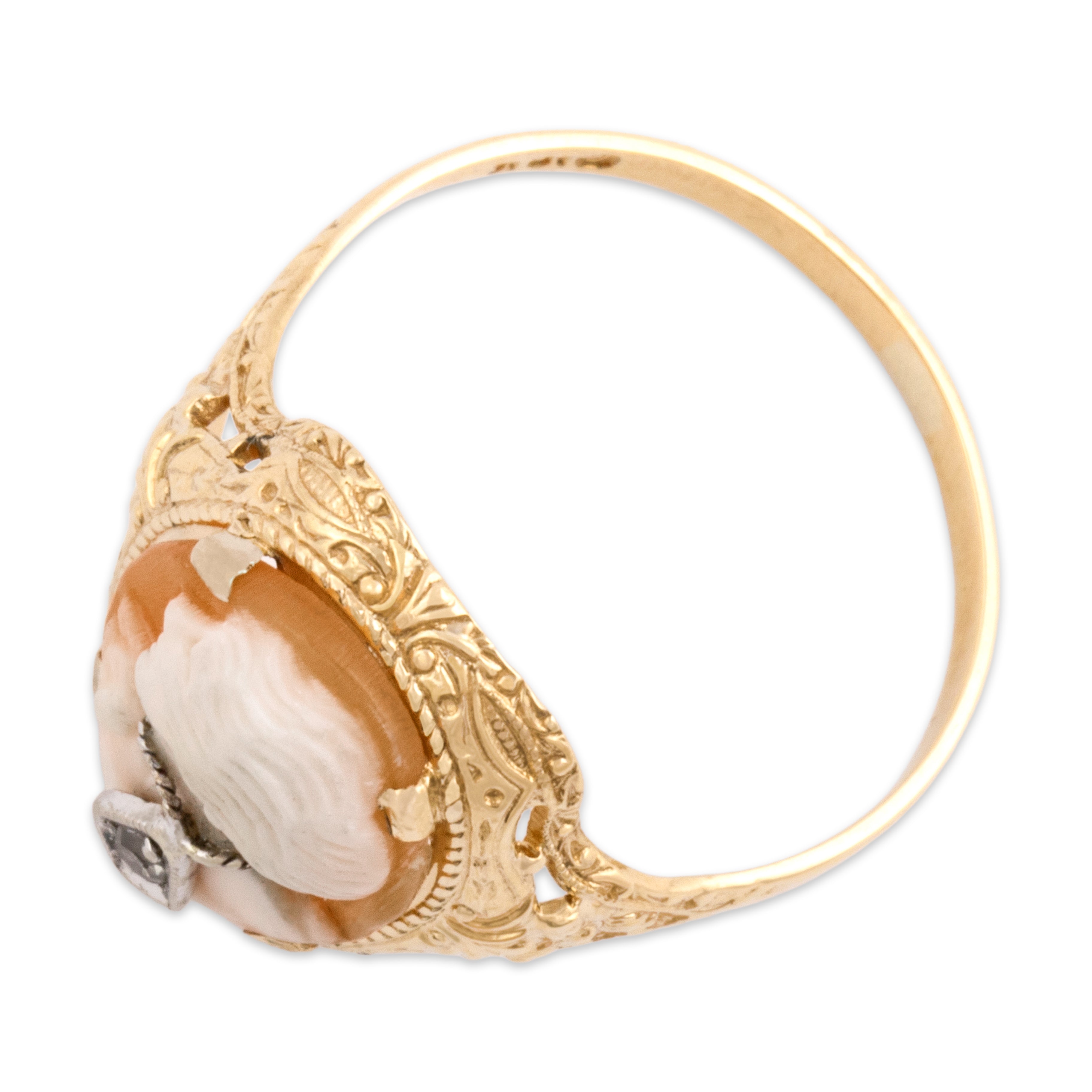 Vintage 10k Yellow & White Gold Shell Diamond Posh Woman Cameo Ring 6.25
