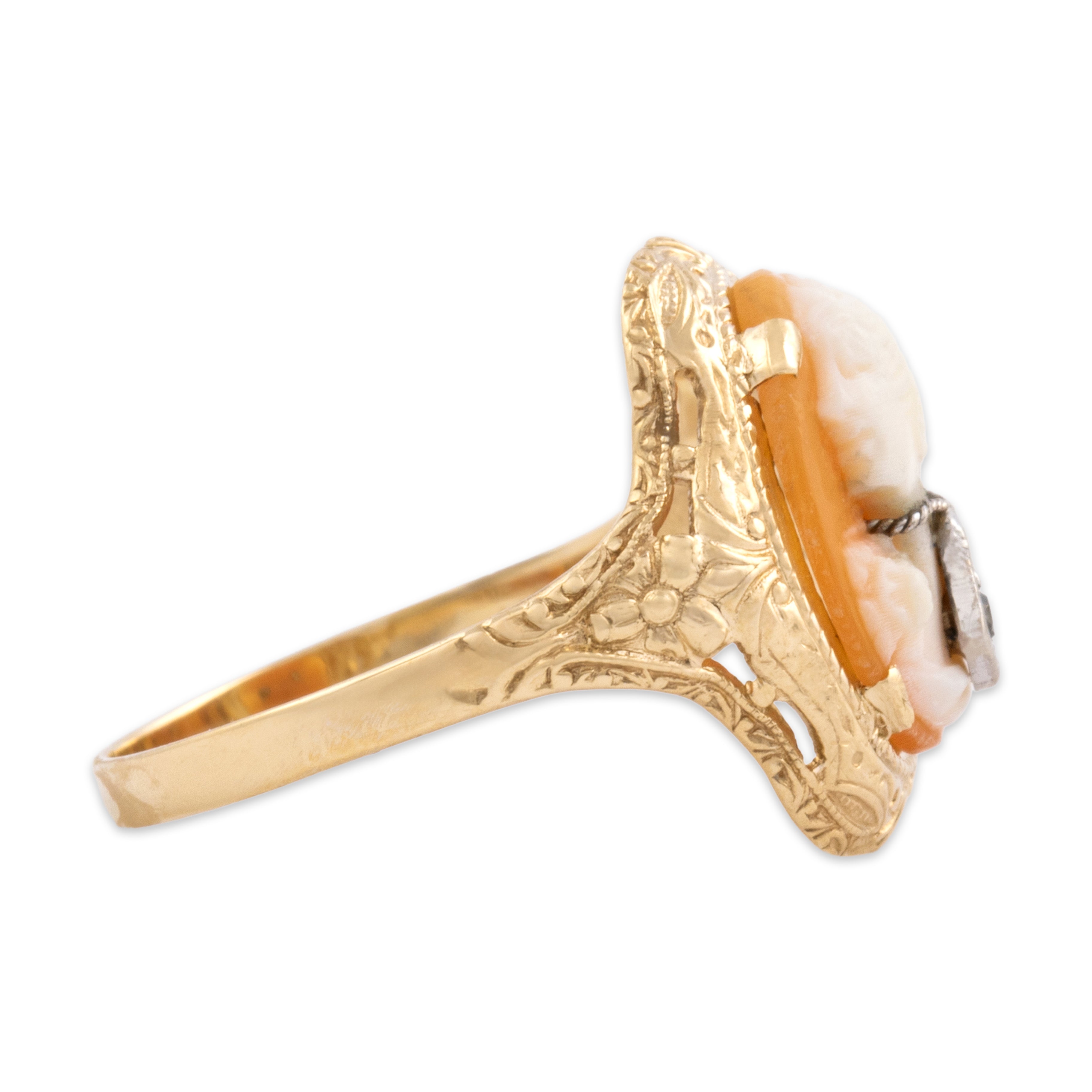 Vintage 10k Yellow & White Gold Shell Diamond Posh Woman Cameo Ring - Side view