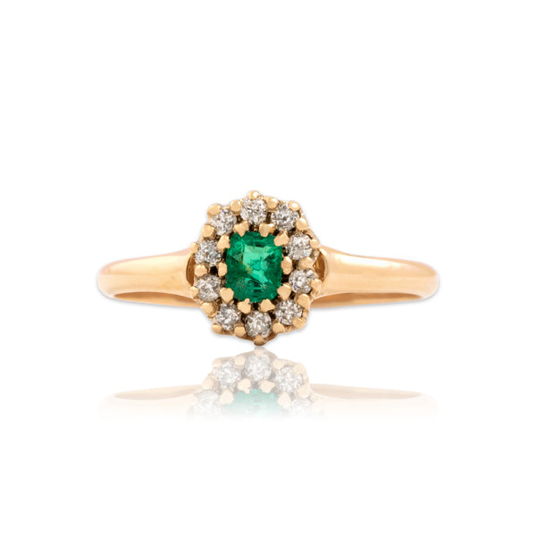 Antique Victorian 14k Rosy Yellow Gold Emerald Old Mine Cut Diamond Ring 5.00