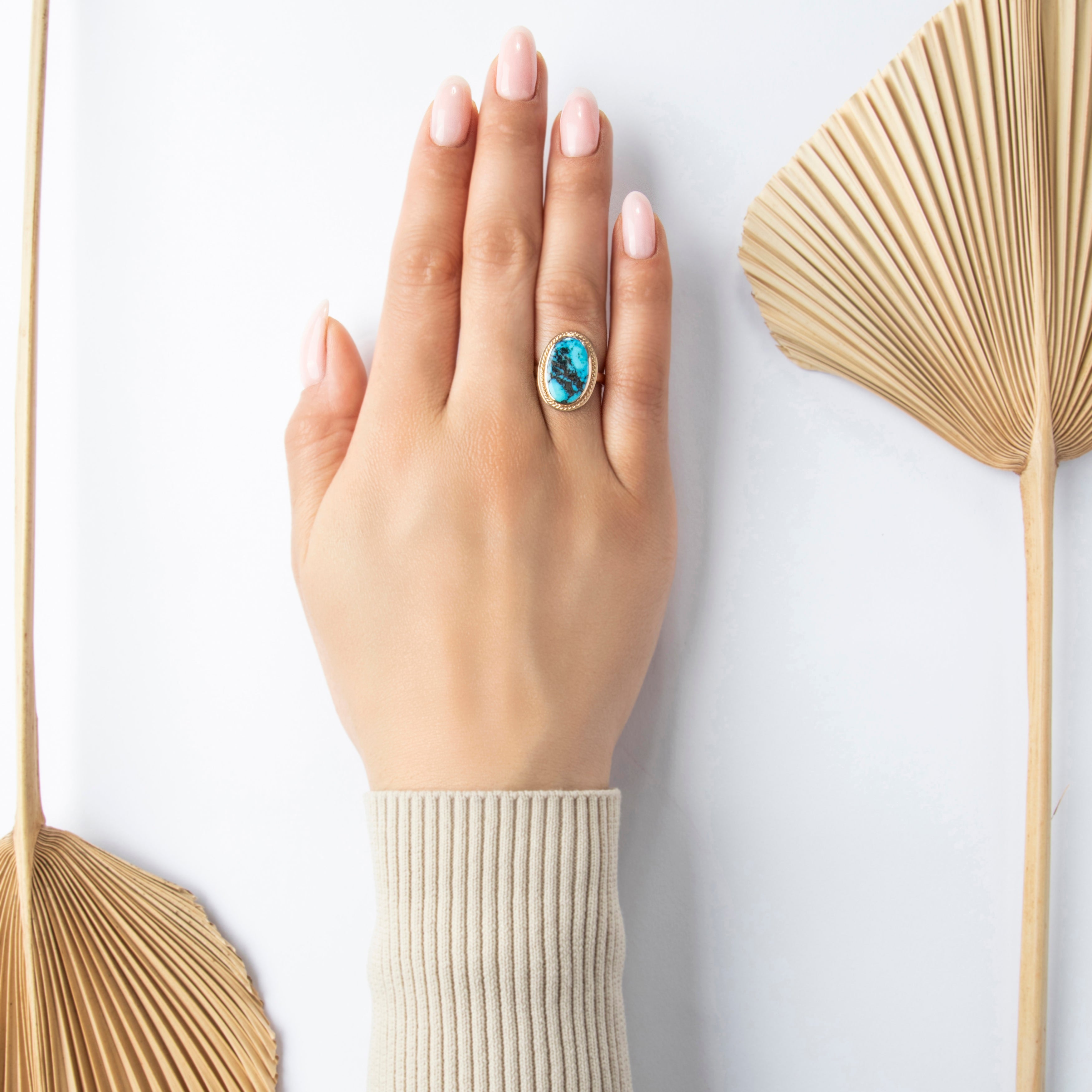 Vintage 10k Rosy Yellow Gold Turquoise Twisted Rope Bezel Ring - On model view