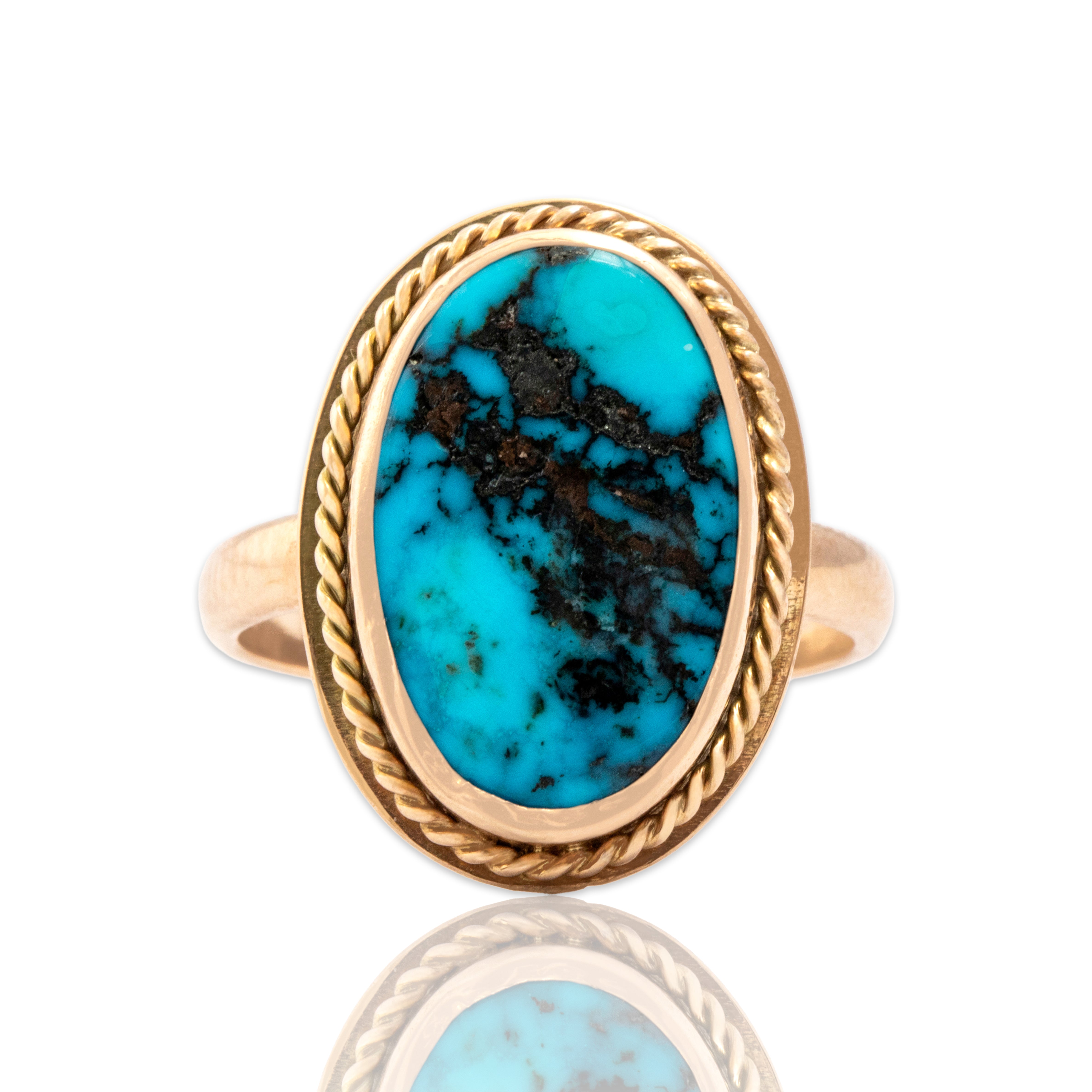 Vintage 10k Rosy Yellow Gold Turquoise Twisted Rope Bezel Ring - Close-up view