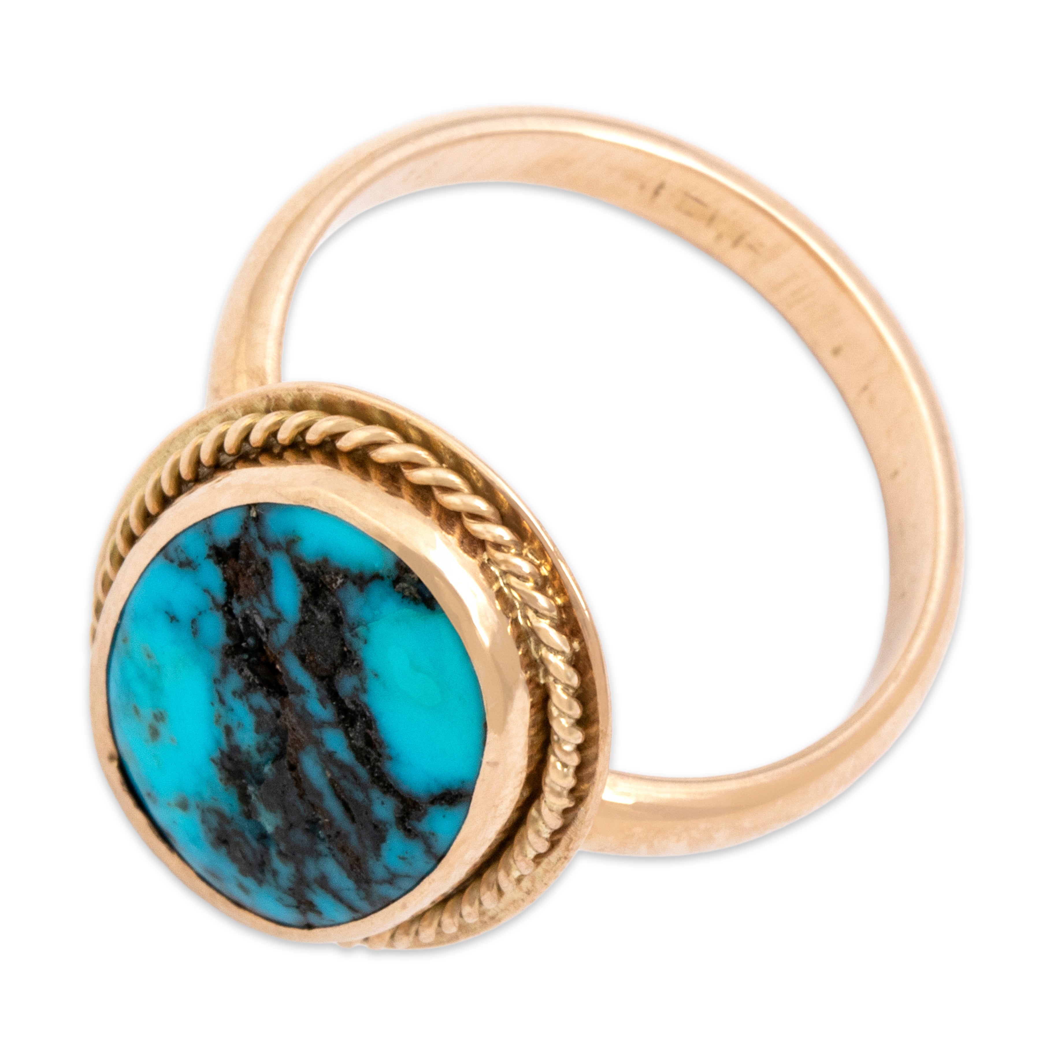 Vintage 10k Rosy Yellow Gold Turquoise Twisted Rope Bezel Ring - Overall view
