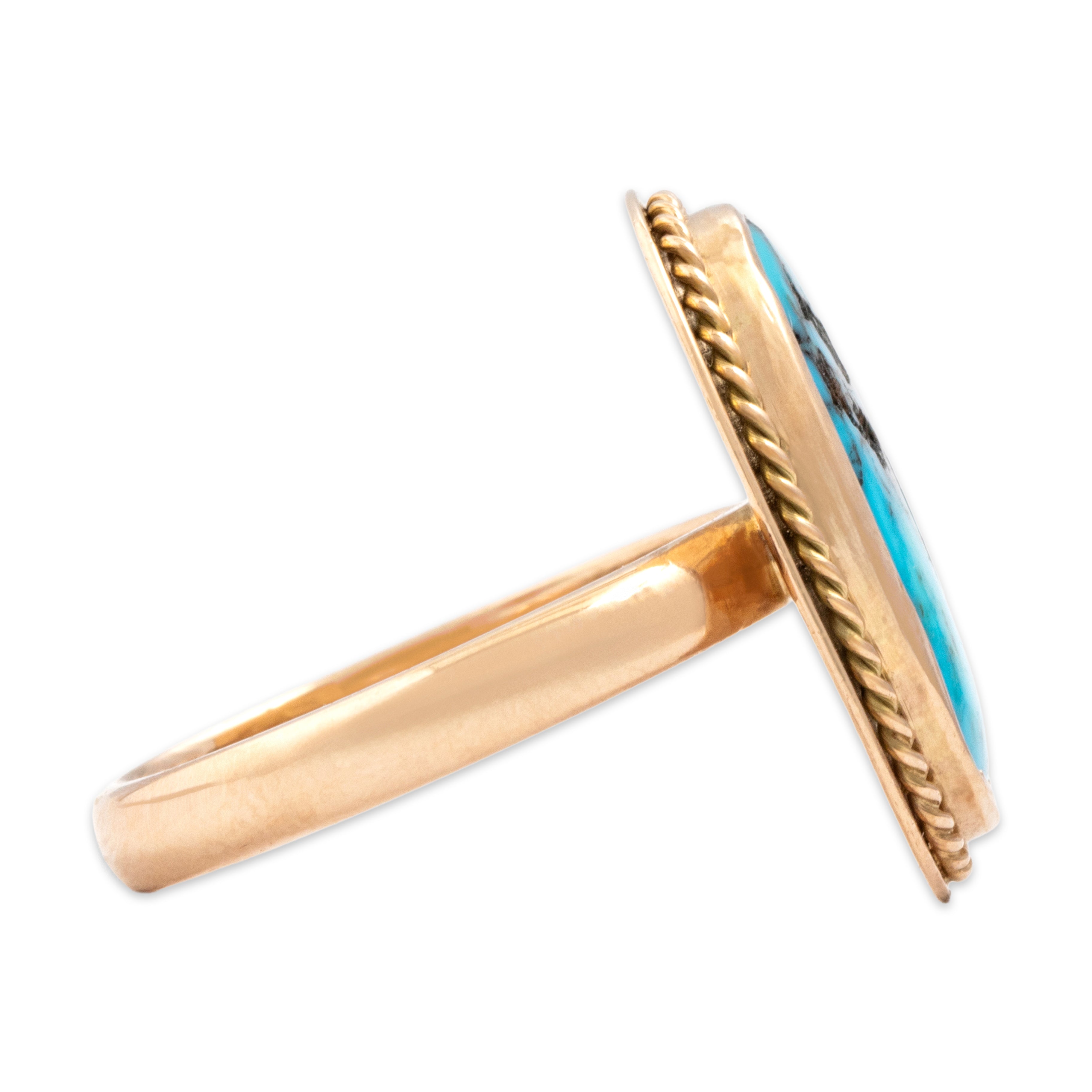Vintage 10k Rosy Yellow Gold Turquoise Twisted Rope Bezel Ring - Side view