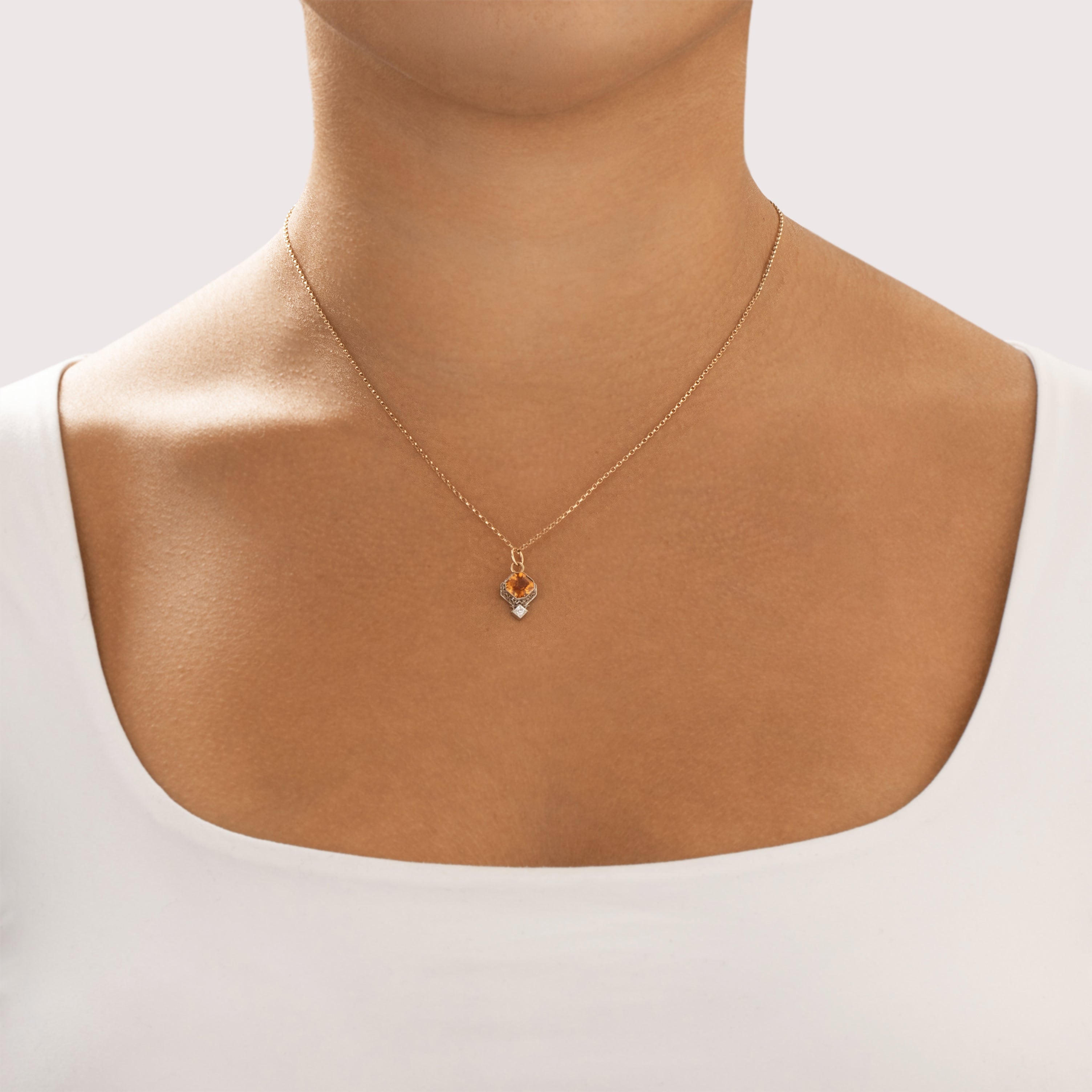 Antique Art Deco Small Platinum & 14k Yellow Gold .91ct Citrine Old Mine Cut Diamond Decorated Openwork Pendant - On model view