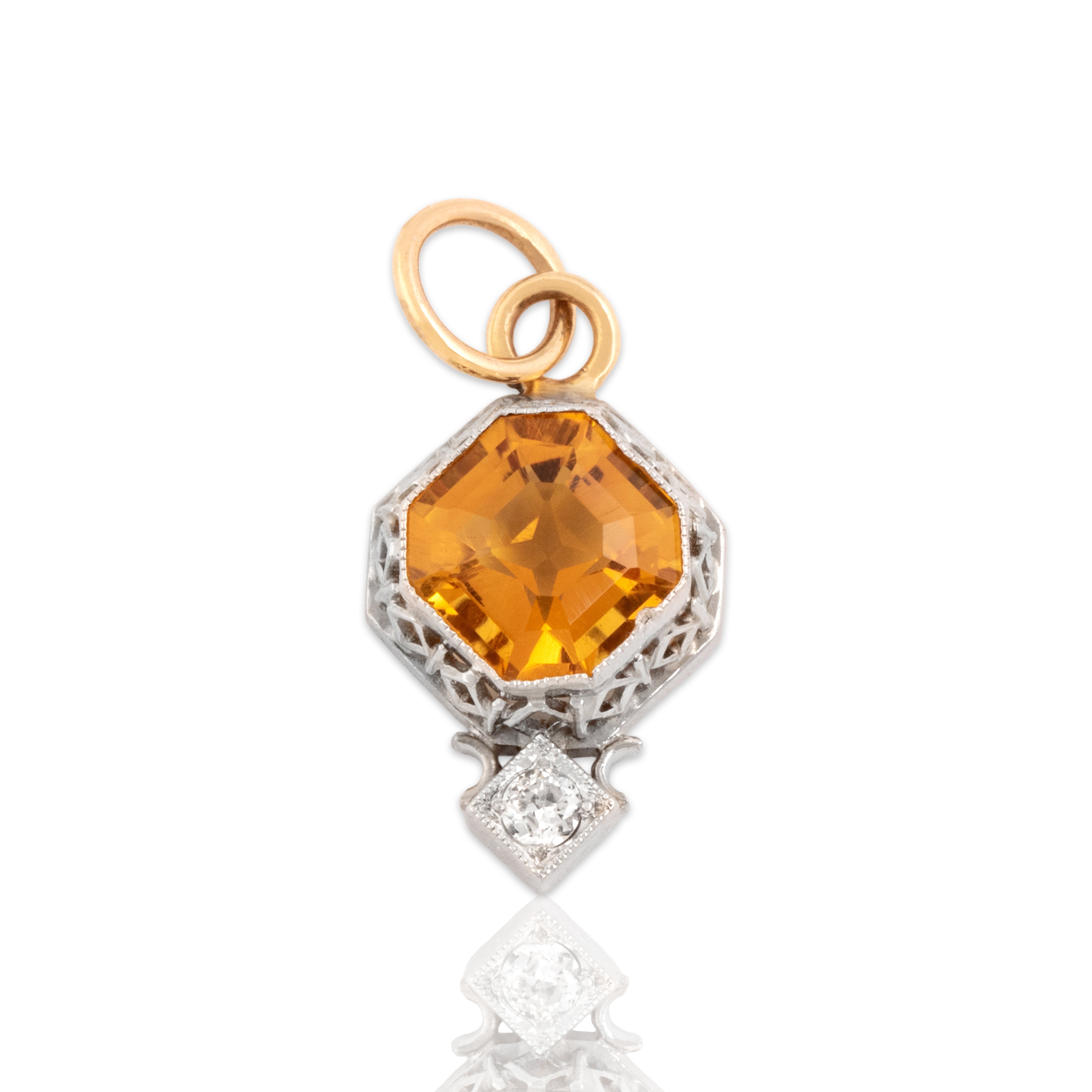 Antique Art Deco Small Platinum & 14k Yellow Gold .91ct Citrine Old Mine Cut Diamond Decorated Openwork Pendant - Close-up view