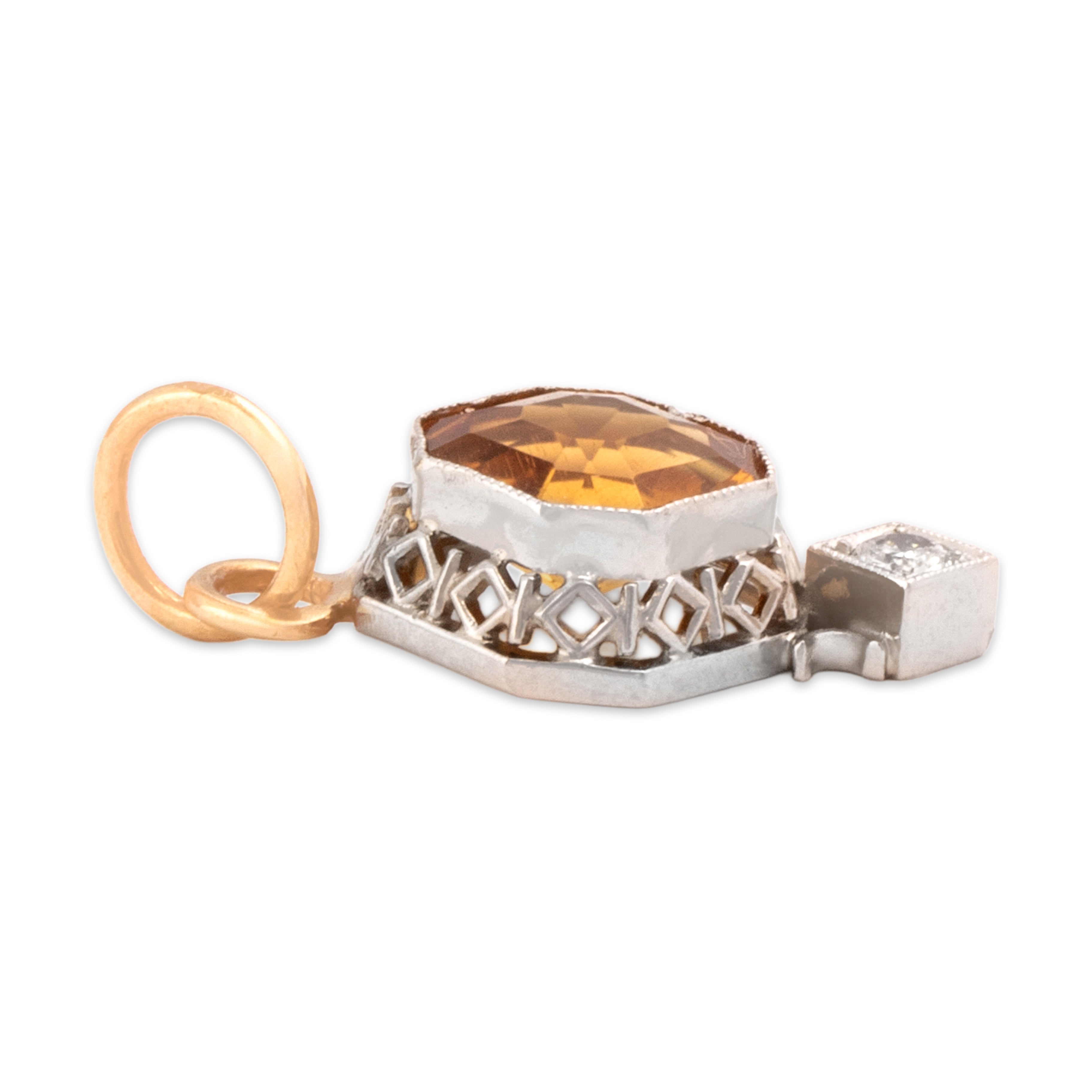 Antique Art Deco Small Platinum & 14k Yellow Gold .91ct Citrine Old Mine Cut Diamond Decorated Openwork Pendant - Side view