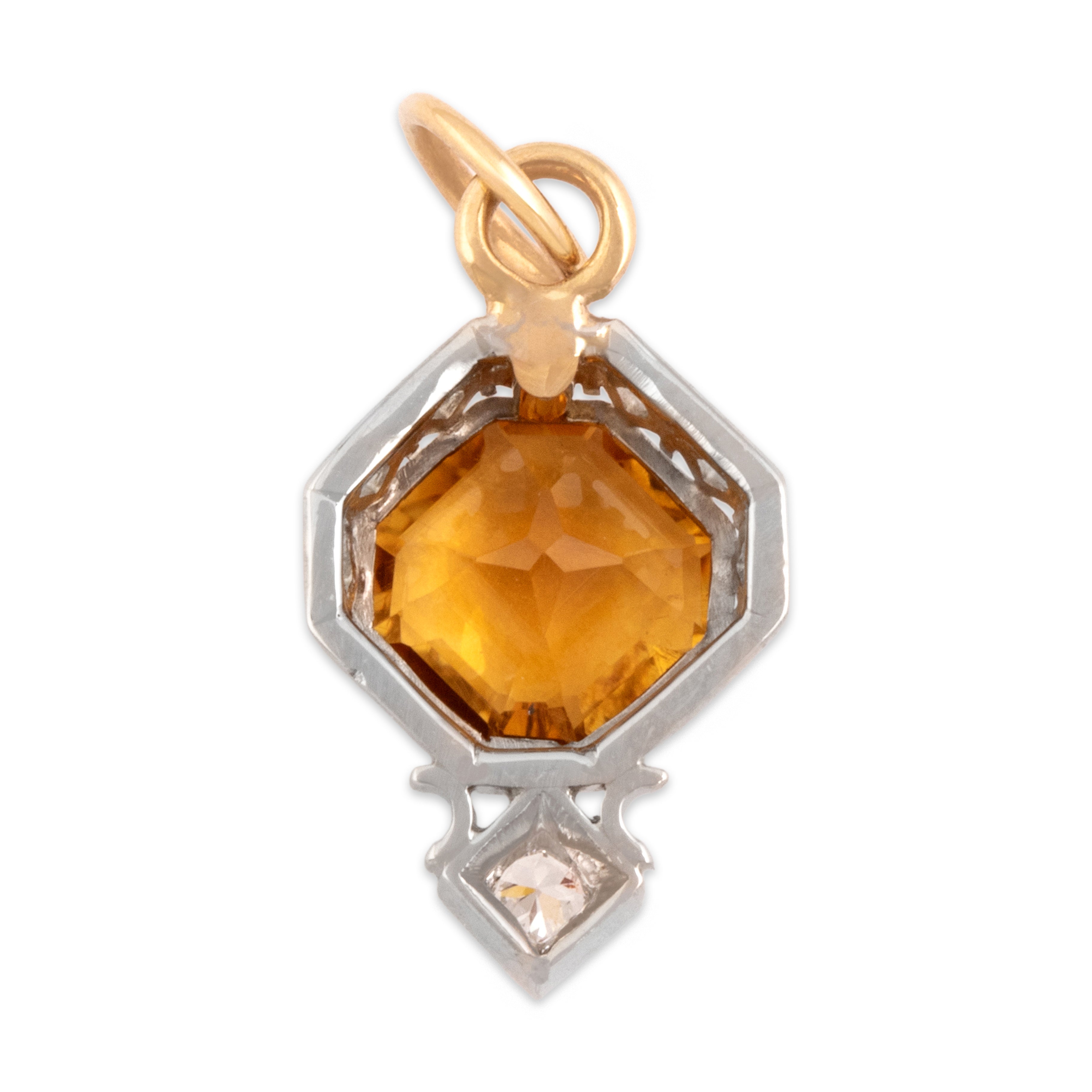Antique Art Deco Small Platinum & 14k Yellow Gold .91ct Citrine Old Mine Cut Diamond Decorated Openwork Pendant - Back view