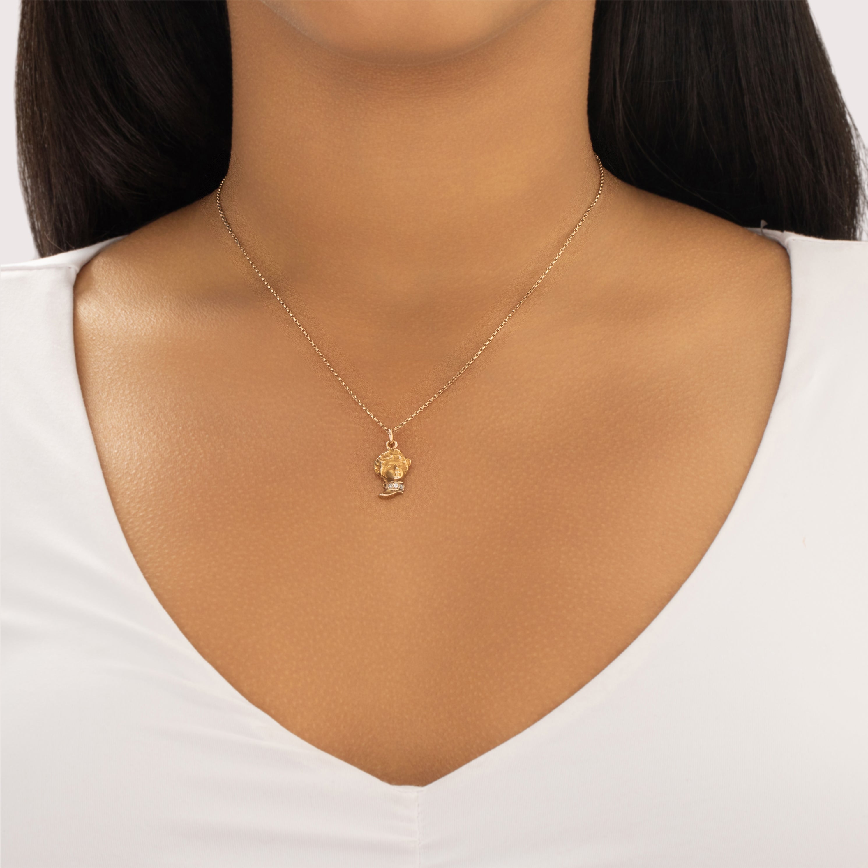 Antique 10k Yellow Gold Old Mine Cut Diamond Dainty Female Head Pendant - On model view