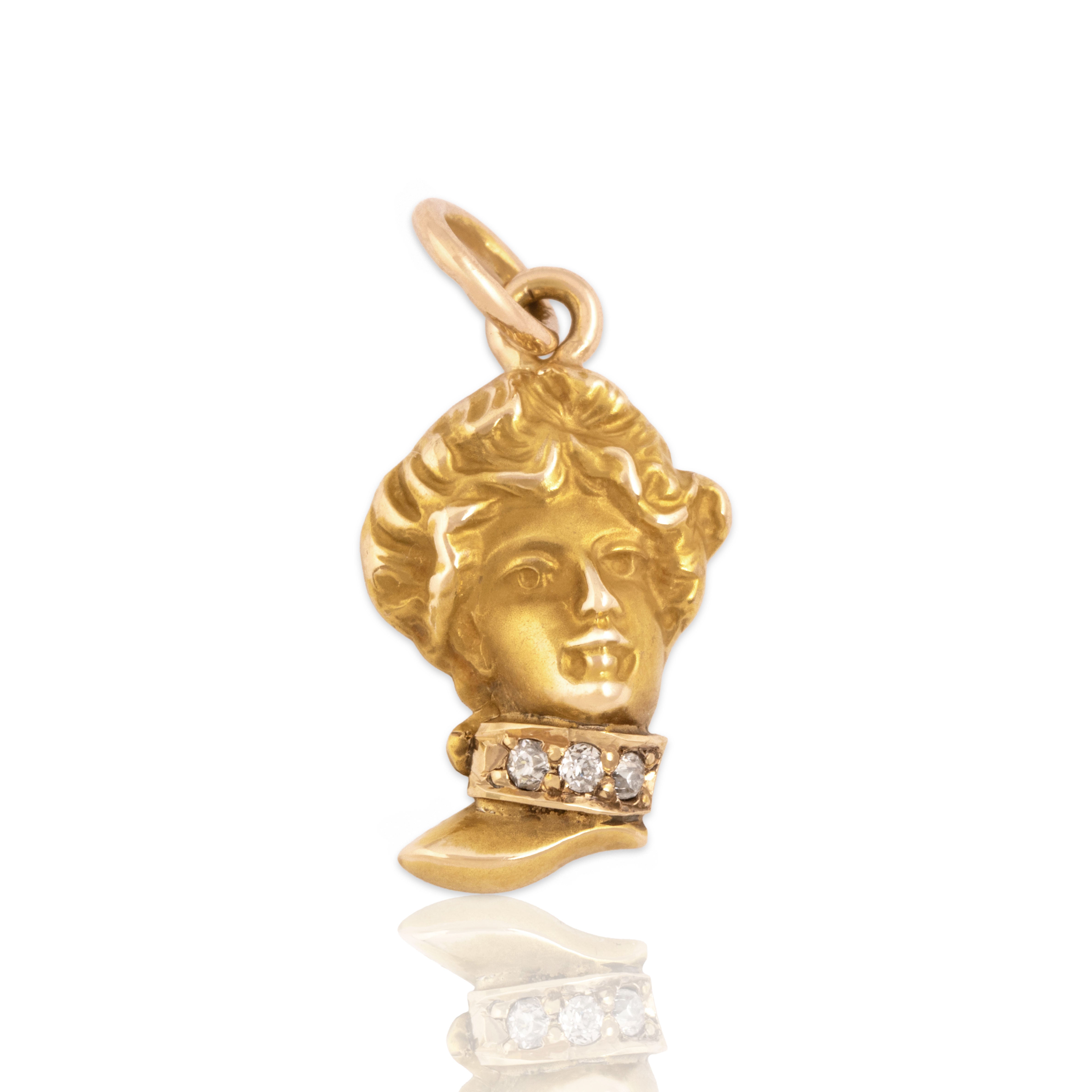 Antique 10k Yellow Gold Old Mine Cut Diamond Dainty Female Head Pendant