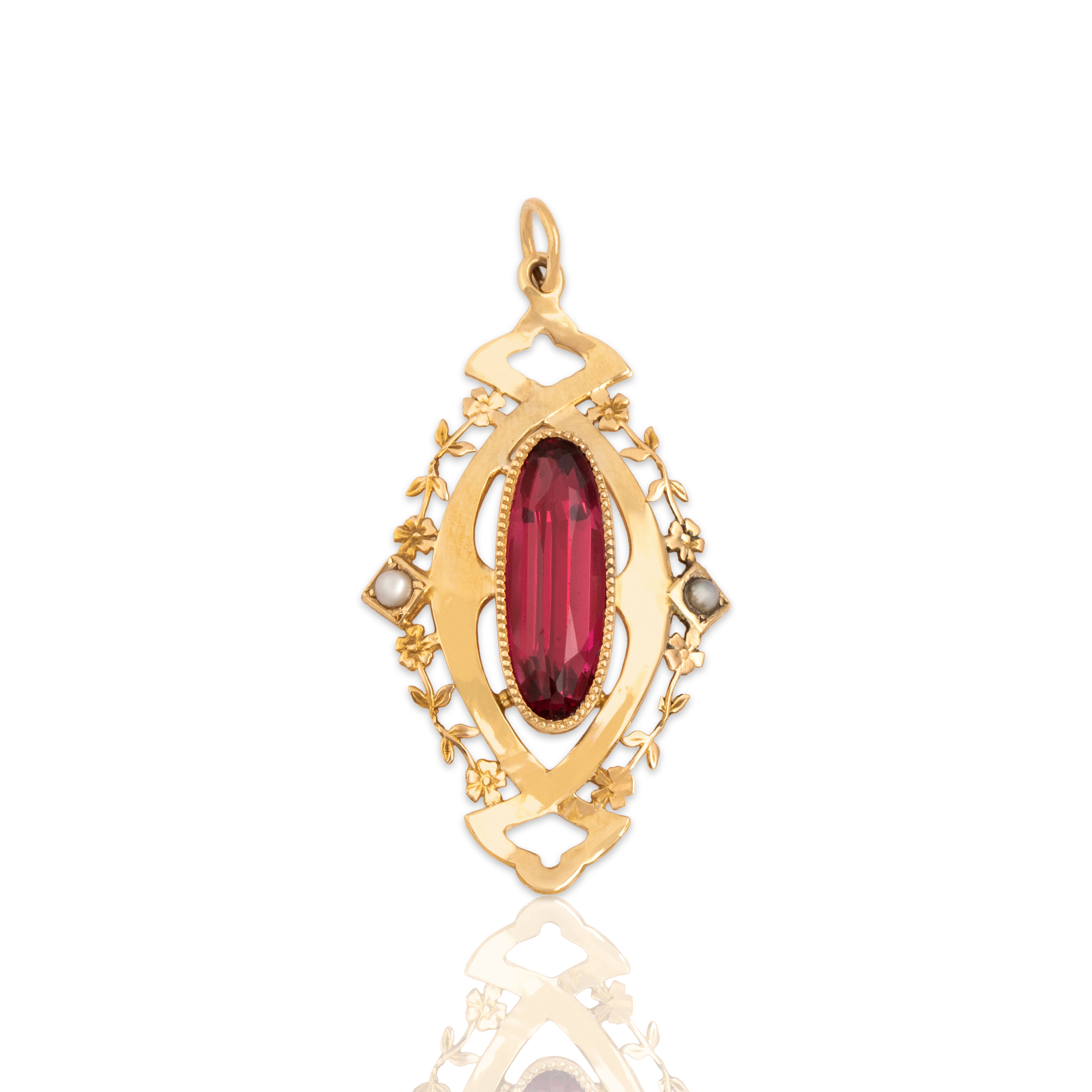 Antique 10k Yellow Gold Dark Pink Garnet Glass Doublet Pearl Filigree Pendant