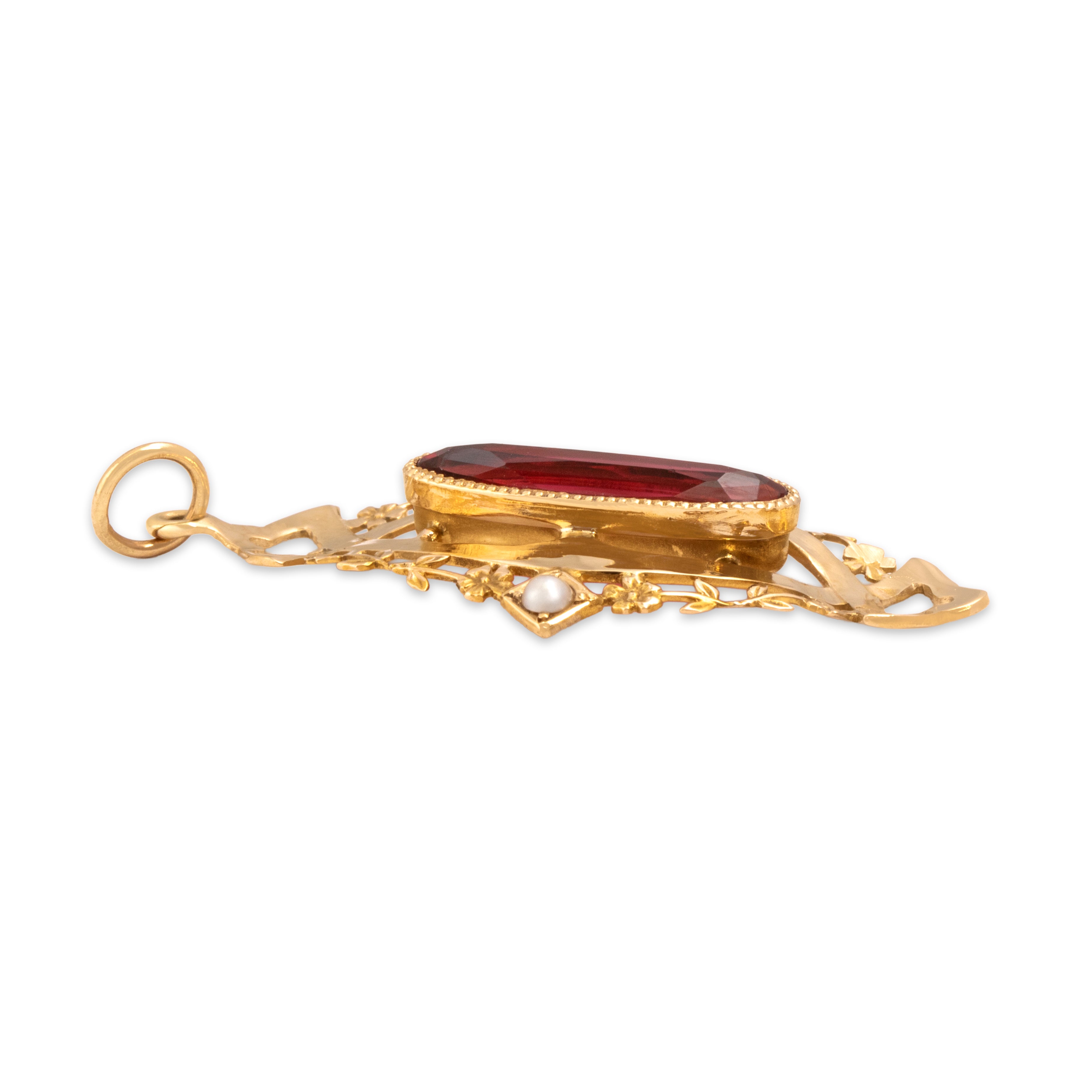 Antique 10k Yellow Gold Dark Pink Garnet Glass Doublet Pearl Floral Openwork Filigree Pendant - Side view