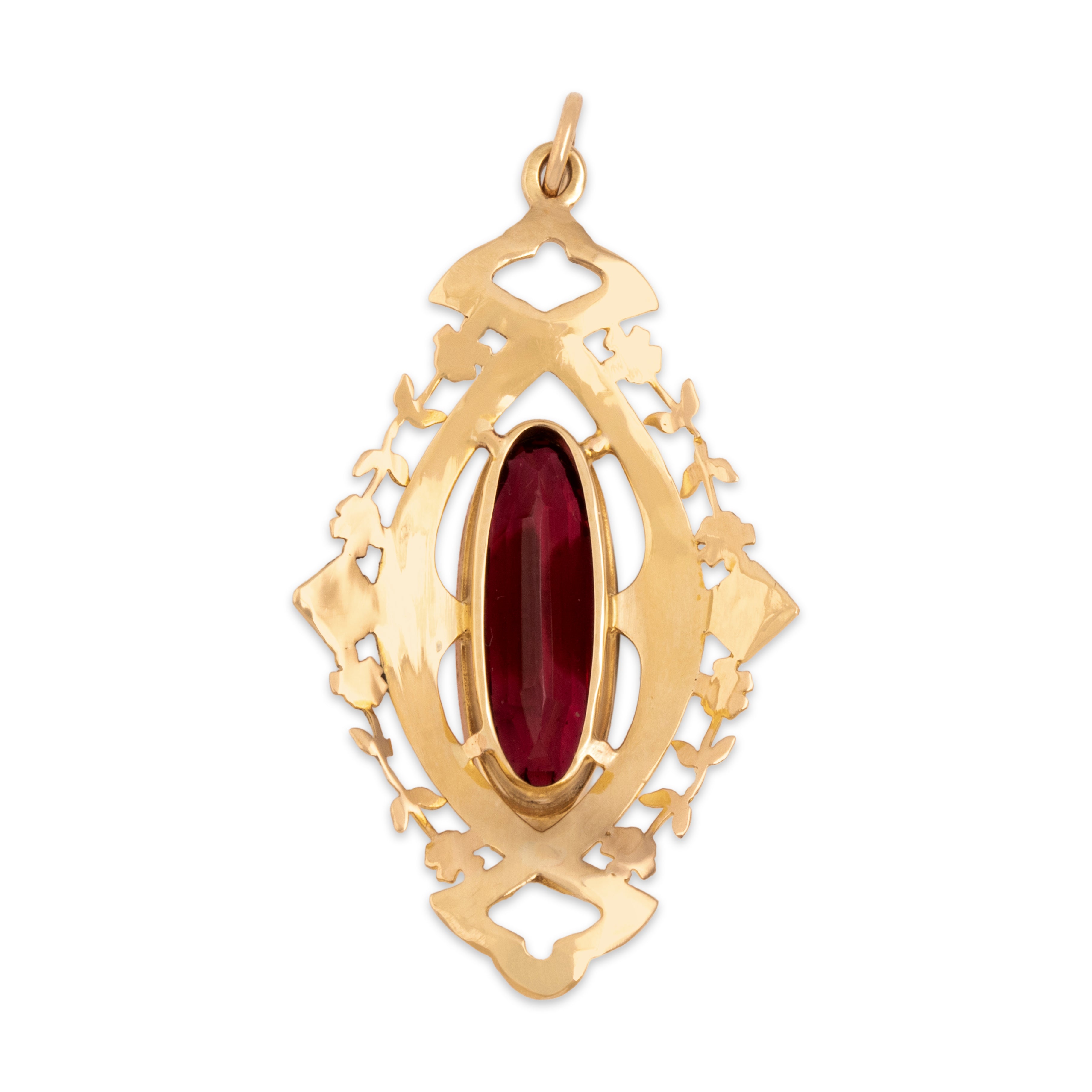 Antique 10k Yellow Gold Dark Pink Garnet Glass Doublet Pearl Floral Openwork Filigree Pendant - Back view